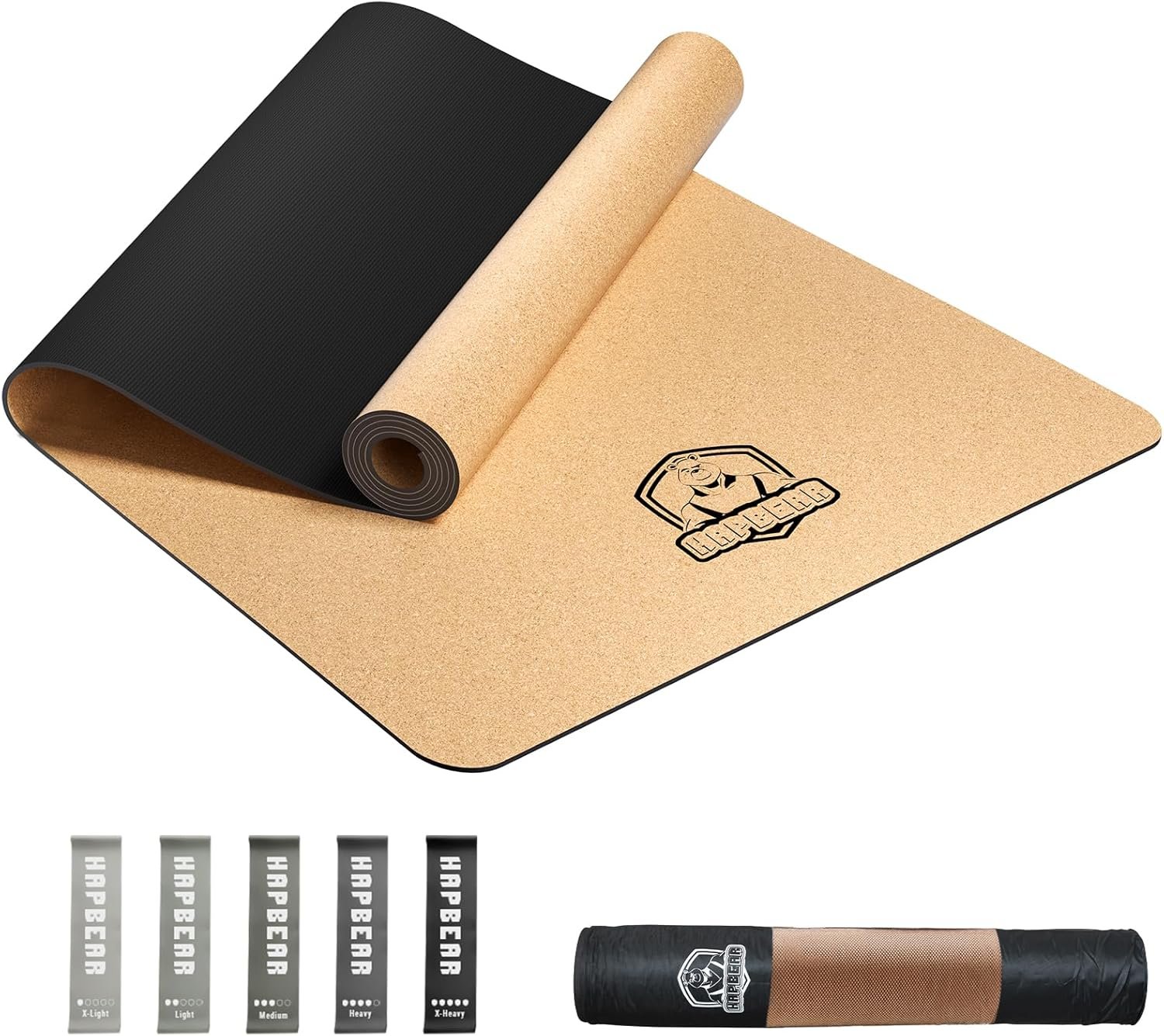 HAPBEAR Large Cork Yoga Mat – 72″x36″ Wide Non-Slip for Home Workout, Yoga, Pilates & Stretching – 6mm Cushioned Support – Eco-Friendly & Durable – Bonus Resistance Bands & Carry Bag Included