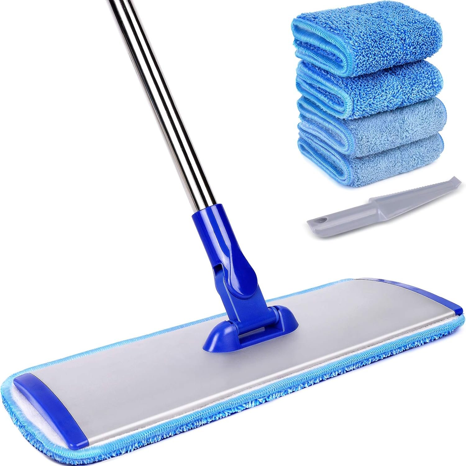 18″ Professional Microfiber Mop Floor Cleaning System, Flat Mop with Stainless Steel Handle, 4 Reusable Washable Mop Pads, Wet and Dust Mopping for Hardwood, Vinyl, Laminate, Tile Cleaning