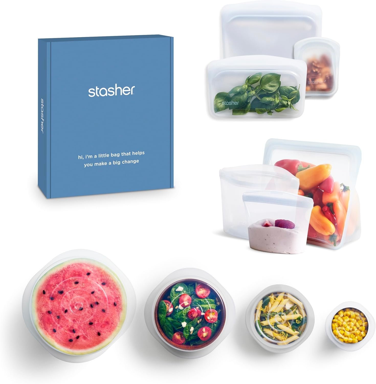 Stasher Silicone Reusable Storage Bags & Stretch Lids, 10-Pack Starter Kit, Reusable Freezer Bags, Microwave, Dishwasher, Oven Safe, Sous Vide, Lunch Containers, Eco Friendly, Food Storage Bags, Clear