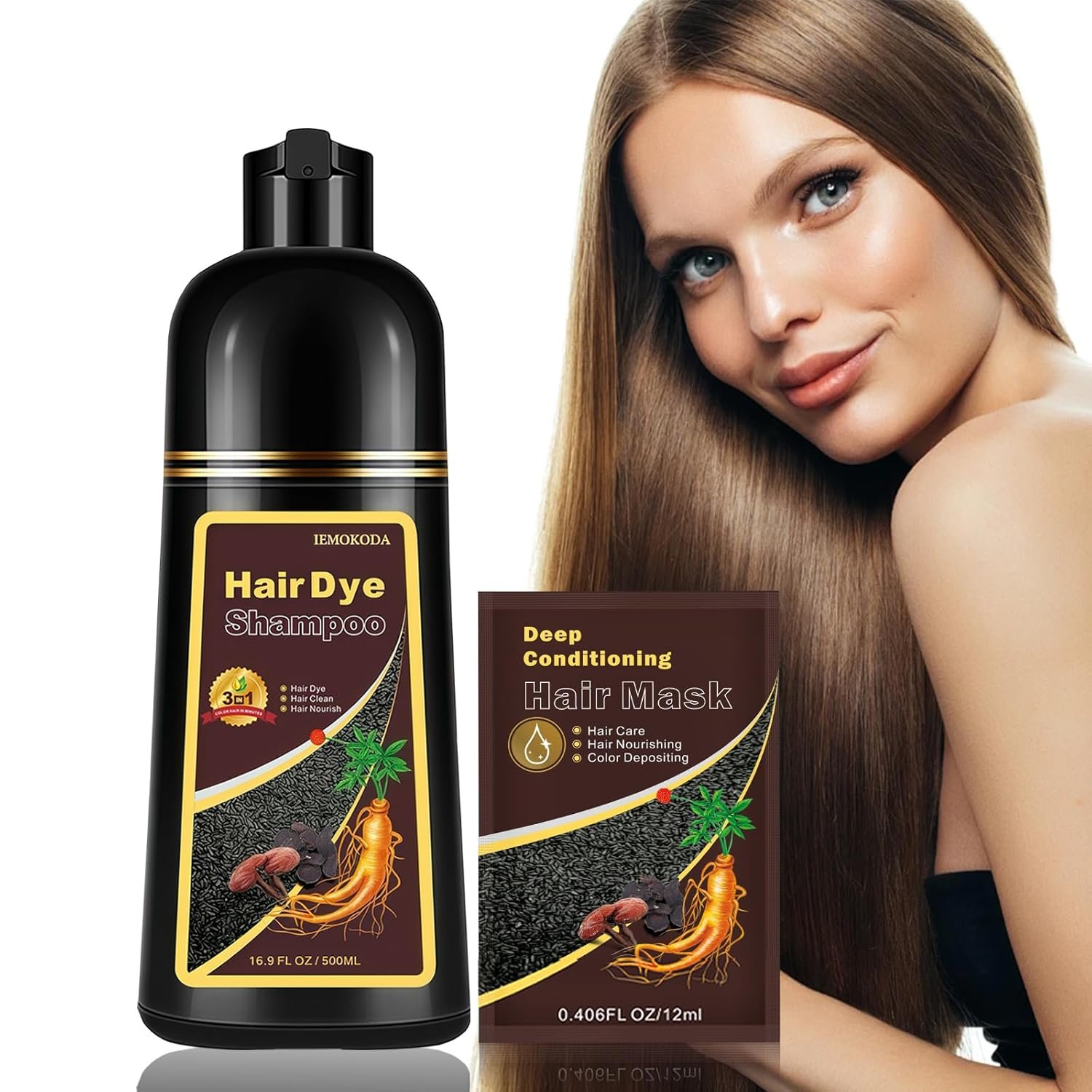 Herbal Light Brown Hair Color Shampoo – 3 in 1 Lasting Hair Dye for Women & Men, 17.60 Fl Oz