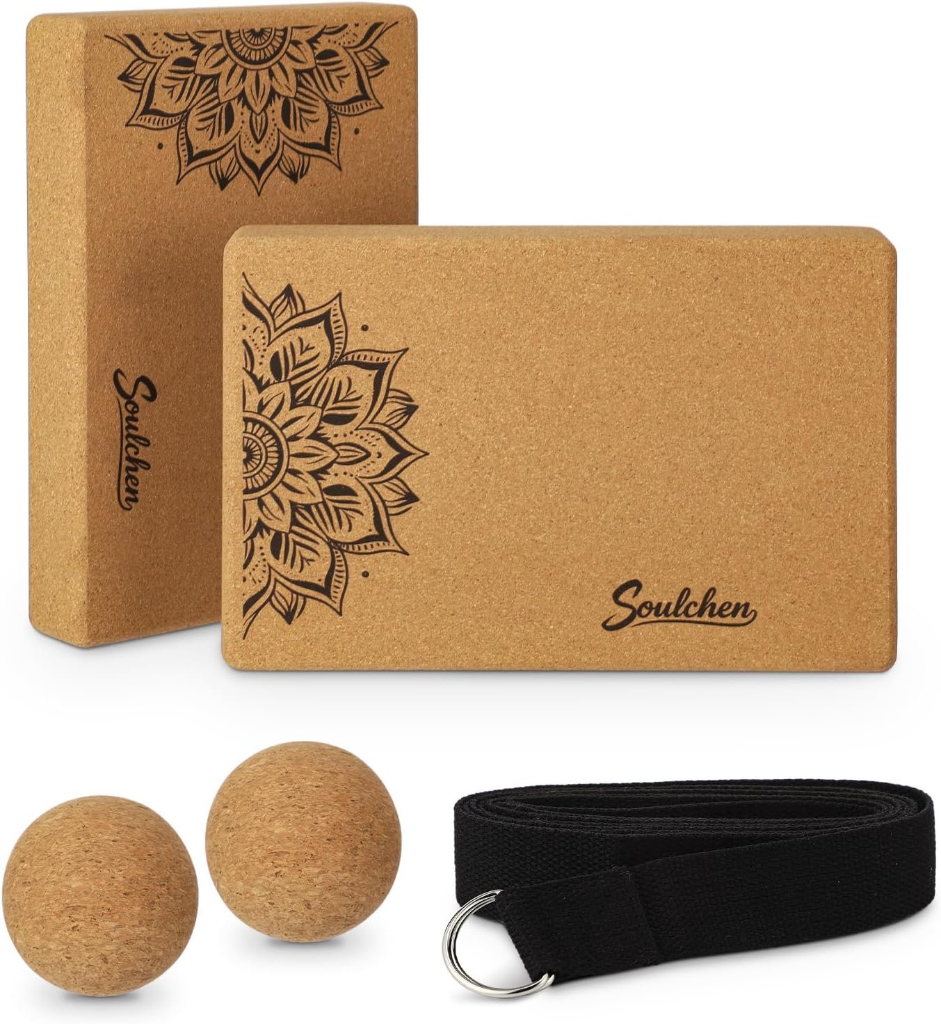Soulchen 5 Pack Yoga Accessories for Women Set Yoga Block 2 Pack with Strap Massage Ball for Meditation Pilates Cork Blocks Stretching Home Gym Natural High-Density, 12″x8″x2″