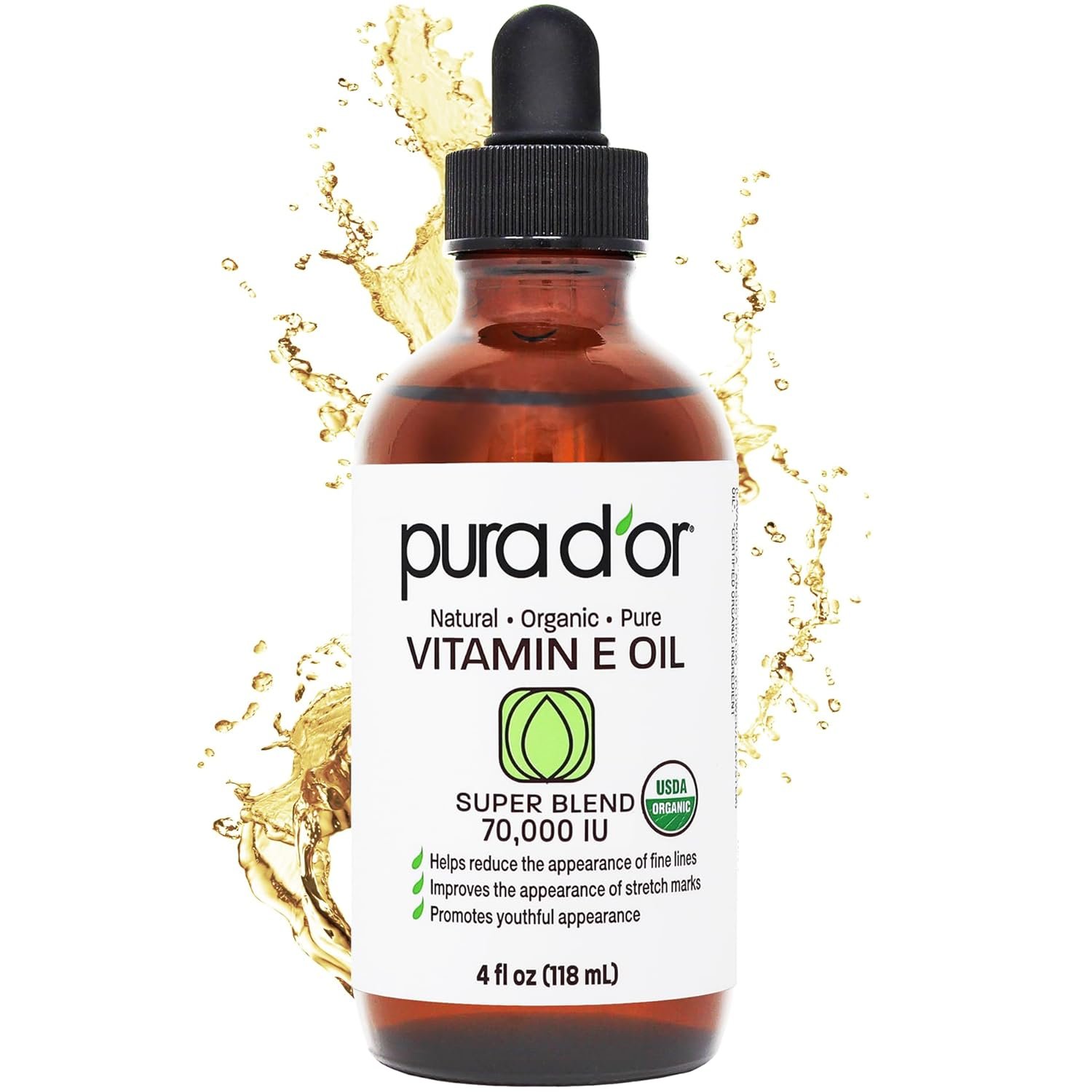 PURA D’OR 4 Oz Organic Vitamin E Oil 70,000 IU, USDA Certified Face, Body, Hair & Bath Oil with Argan, Jojoba, Rosehip, Apricot, Almond & Avocado, Lightweight Moisturizing Blend for Soft, Smooth Skin