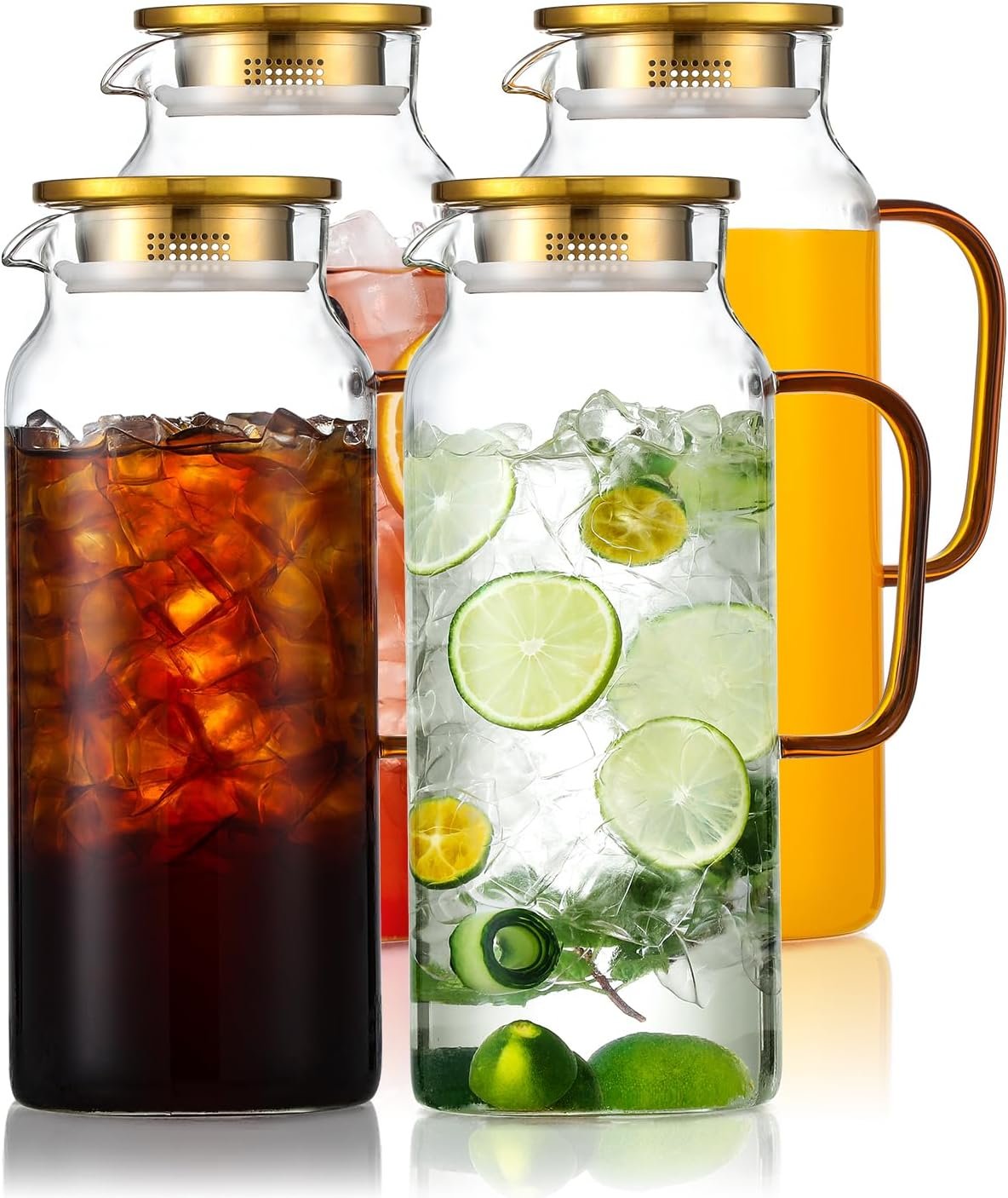 4 Pack 2 Liter/68 oz Glass Pitcher with Lid, Water Pitchers with Handle for Fridge, Large Jug for Iced Tea, Coffee, Borosilicate Glass Carafe for Hot/Cold Brew Drink and Homemade Beverage, Gold