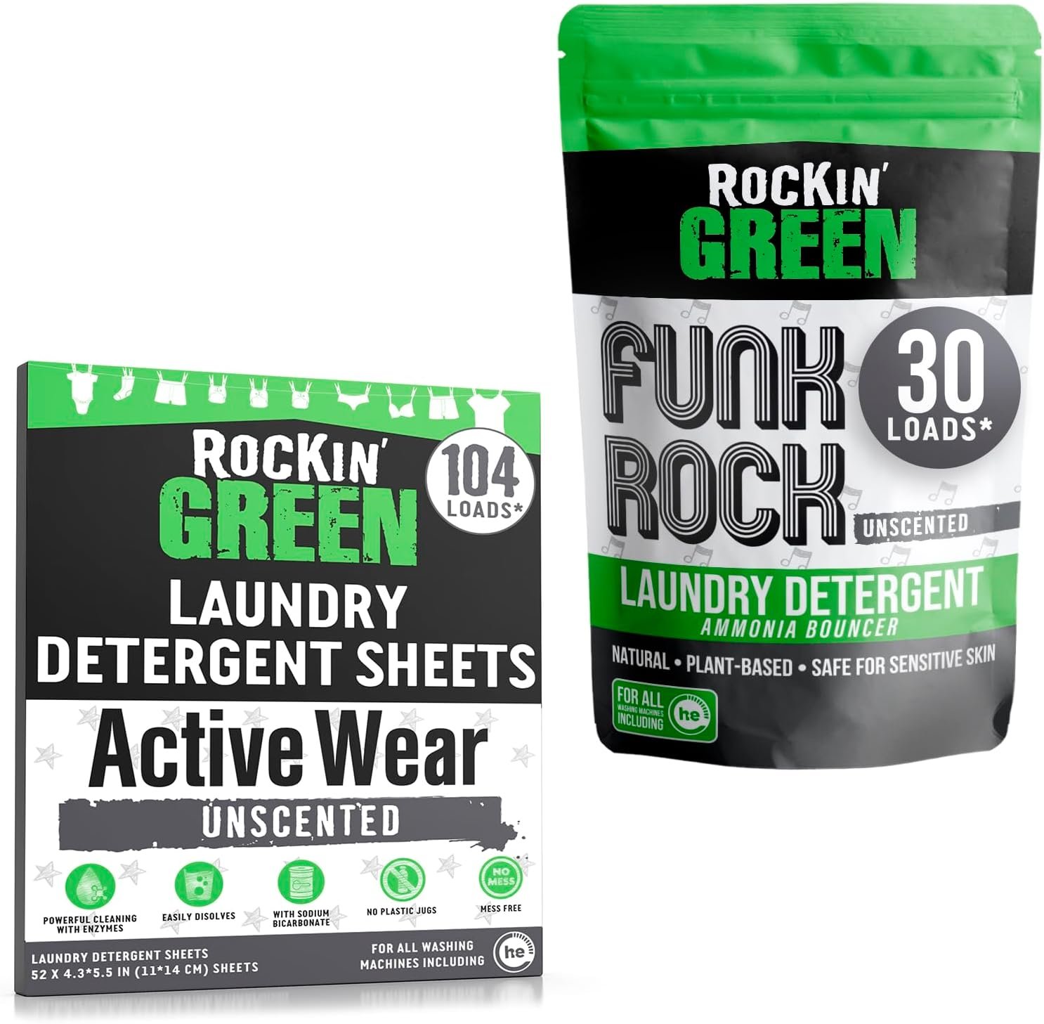 Rockin’ Green Active Wear Travel Laundry Detergent Sheets Unscented (104 Loads) and Laundry Detergent Powder, Plant based, Safe for Sensitive Skin (Funk Rock Ammonia Bouncer 30 Loads – Unscented)