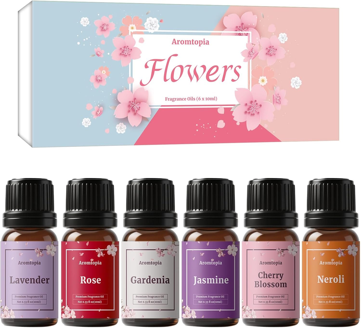 Floral Fragrance Oils, Aromtopia Flower Essential Oils for Diffusers for Home, 6x10ml, Fragrance Oil for Candle Soap Making, Lavender, Rose, Gardenia, Cherry Blossom, Jasmine, Neroli