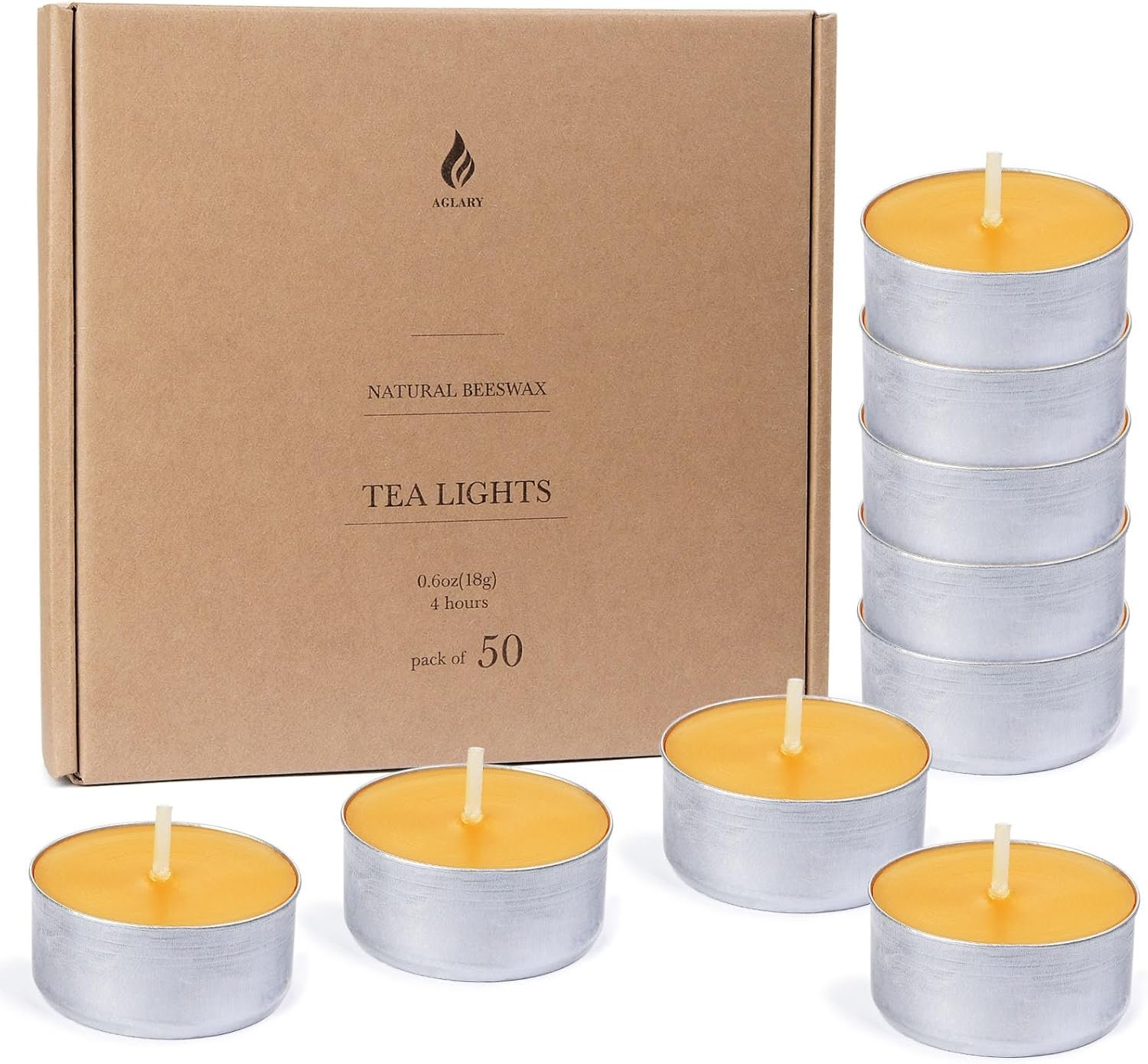 50-Pack Pure Beeswax Tealight Candles in Aluminum Cups – 4-5 Hour Burn Time, Lead-Free Cotton Wick, Natural Unscented Candles
