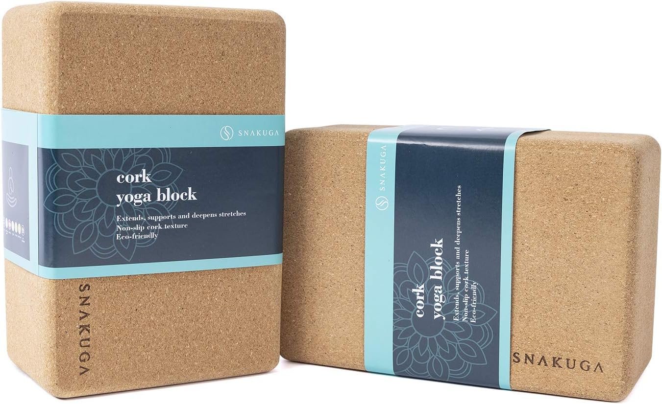 SNAKUGA Cork Yoga Block 2 Pack for Pilates, 4” or 3” Non-Slip & High Density Blocks for Meditation, Fitness and Stretching, Supportive and Flexibility Brick for Improve Poses Balance
