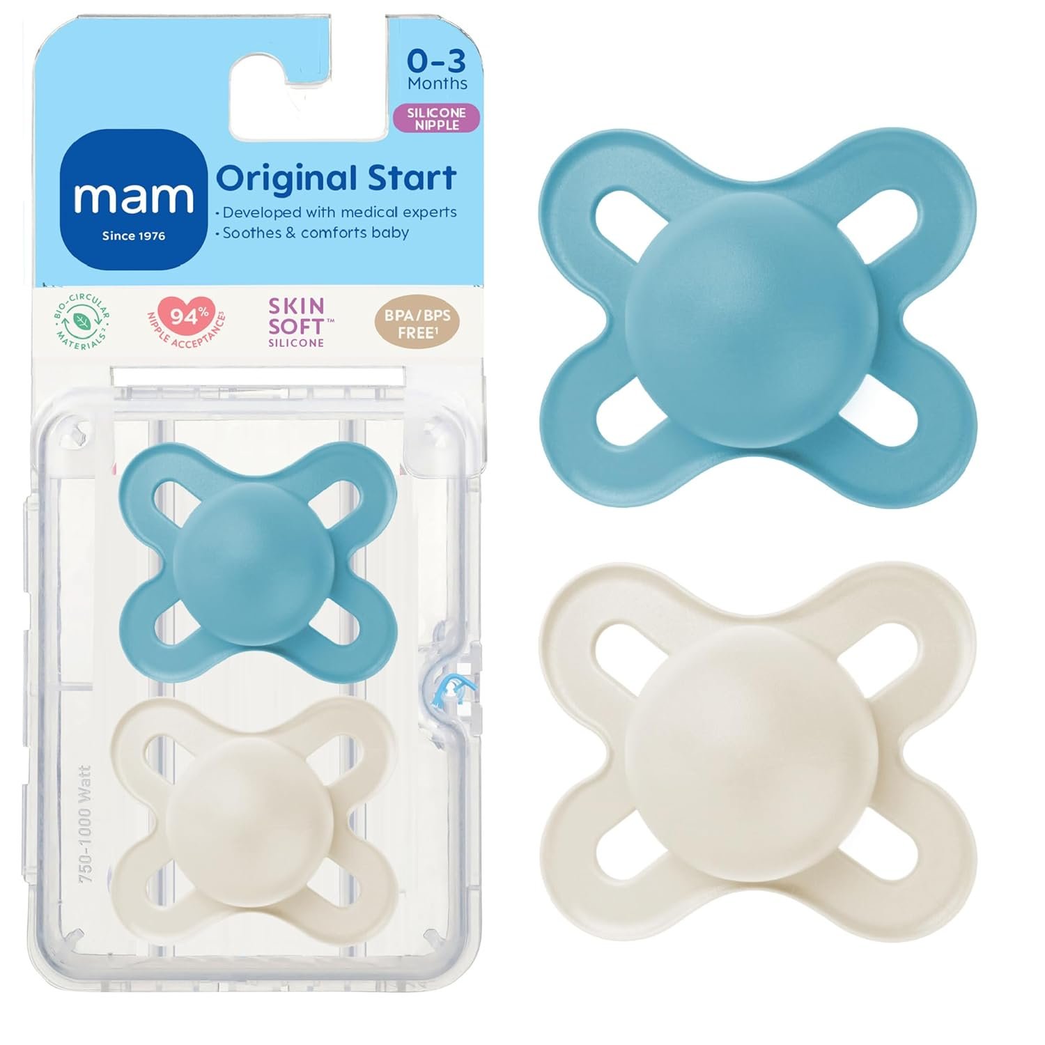 MAM Original Start Matte Baby Pacifiers, Binky for 0-3 Months, BPA-Free Silicone Nipple, Easy to Clean, Best for Newborn Babies, Developed with Medical Experts, 2 Count Binkies with Sterilizer Case