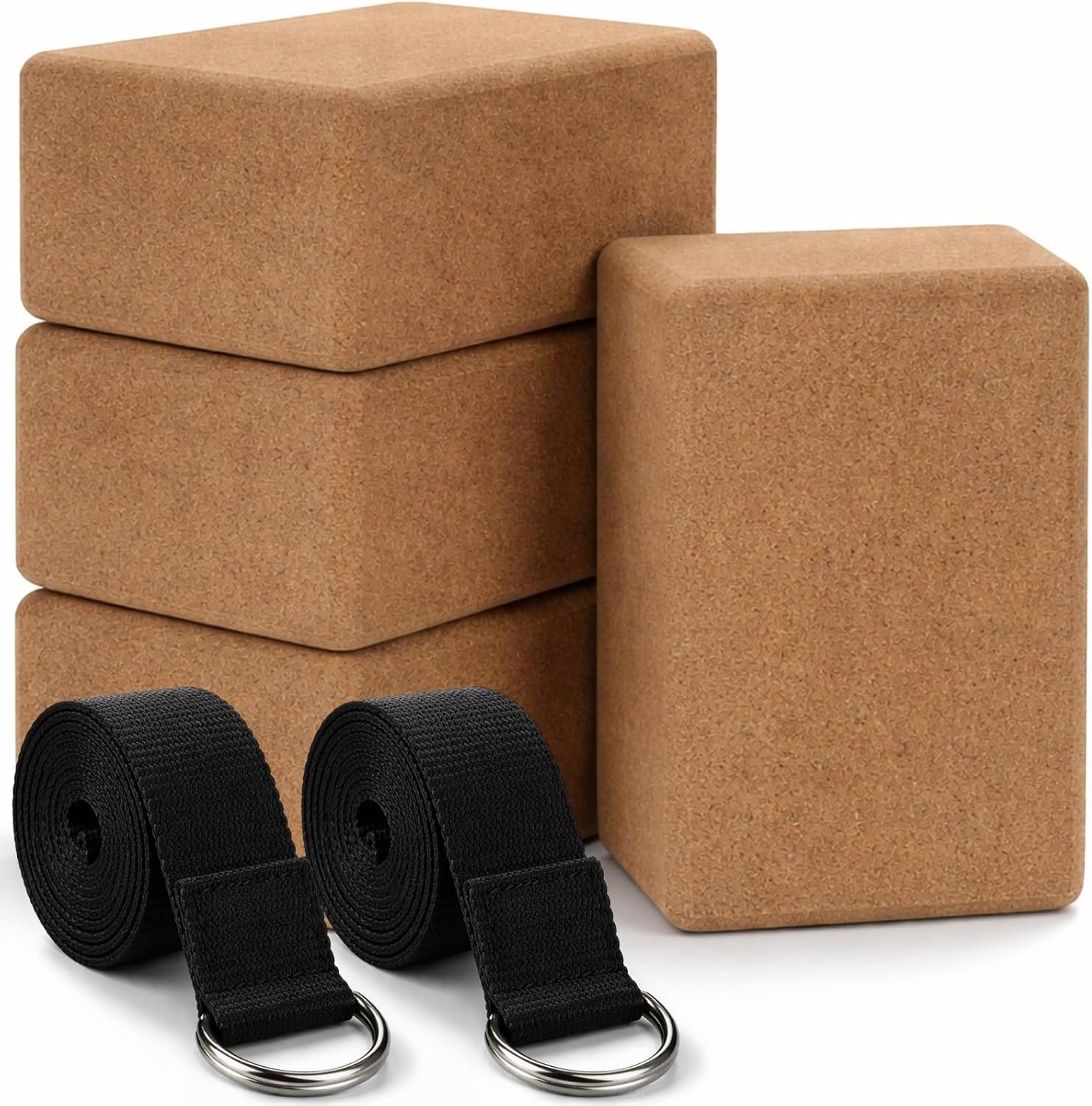 Leitee 6 Pcs Cork Yoga Blocks with Straps 9 x 6 x 4 Inch Cork Yoga Brick 8.2 FT Strap Non Slip High Density Bricks Exercise Blocks for Physical Stretching Flexibility Balance Fitness Pilates