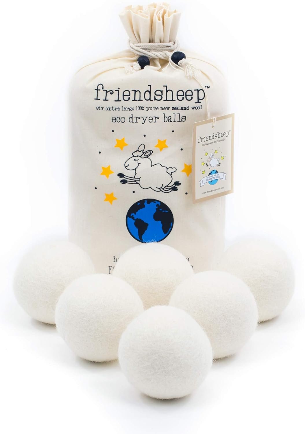Friendsheep Wool Dryer Balls, Organic Reusable Fabric Softener Alternative for Laundry, Handmade, Fair Trade, Hypoallergenic, Eco-Friendly, Plastic-Free (6 Pack XL – Creamy White)
