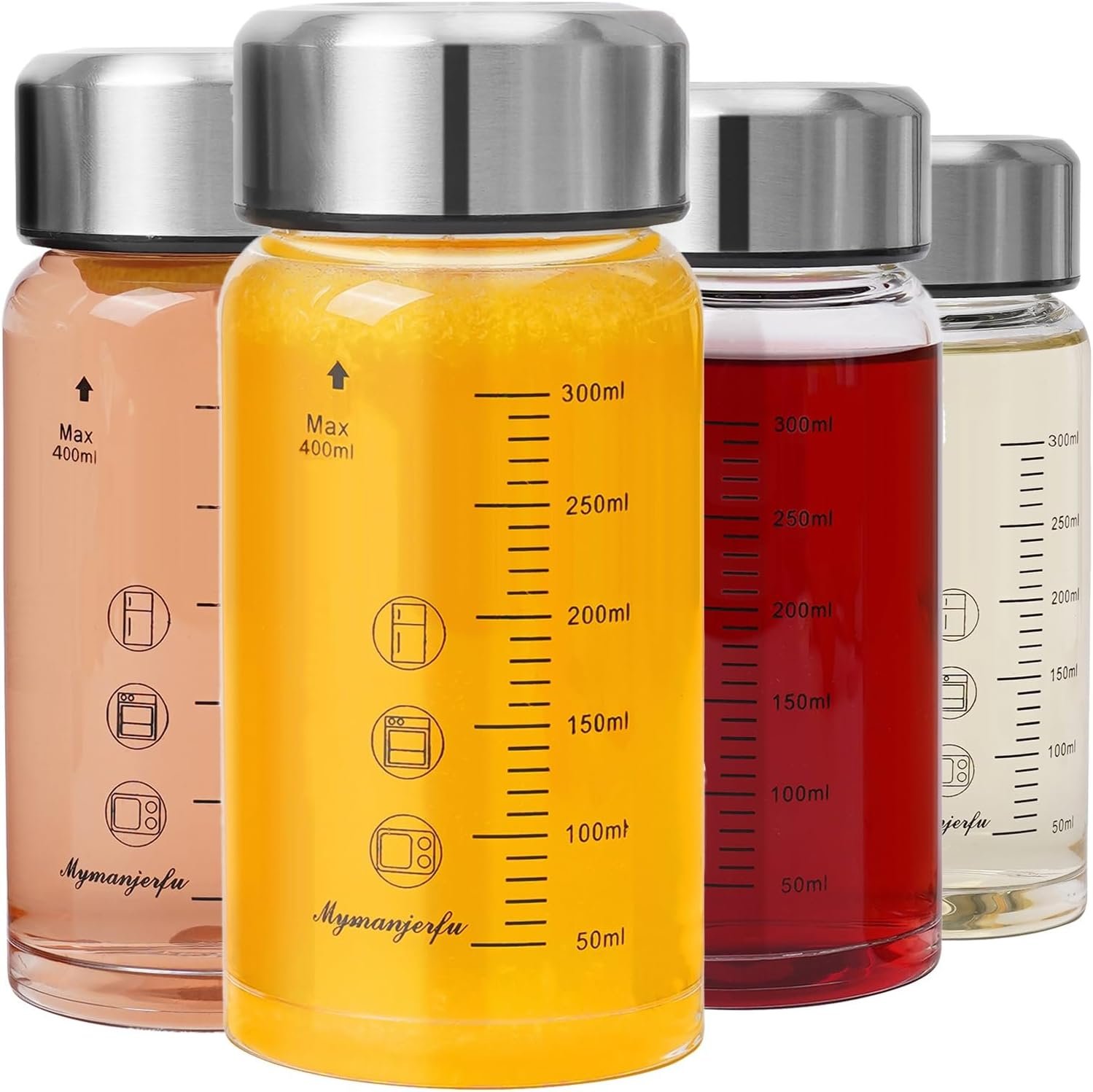 Glass Juice Bottles 4 Pack 12 oz – Wide Mouth Glass Water Bottles with Lids – for Juicing, Smoothies, Milk, Protein, BPA Free, Reusable, Stainless Steel Lids, Leak Proof, Shaker bottle (400 ml)