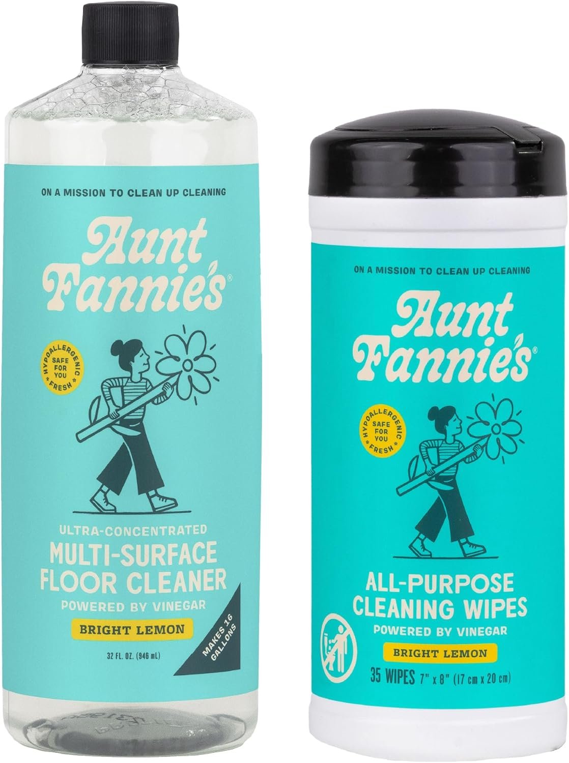 Aunt Fannie’s Bundle: Floor Cleaner Vinegar Wash (Bright Lemon) + Vinegar Cleaning Wipes (Bright Lemon)