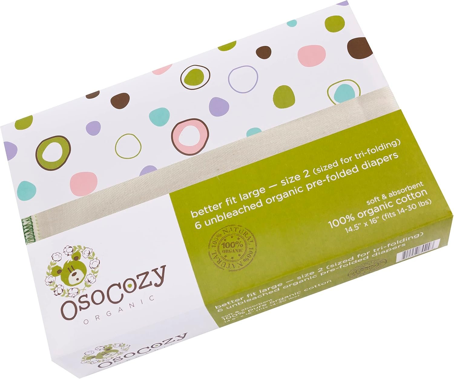 OsoCozy Organic Cotton Prefold Cloth Diapers (6pk) – Super-Soft, Thick, Absorbent, Durable and Ecologically Friendlier.