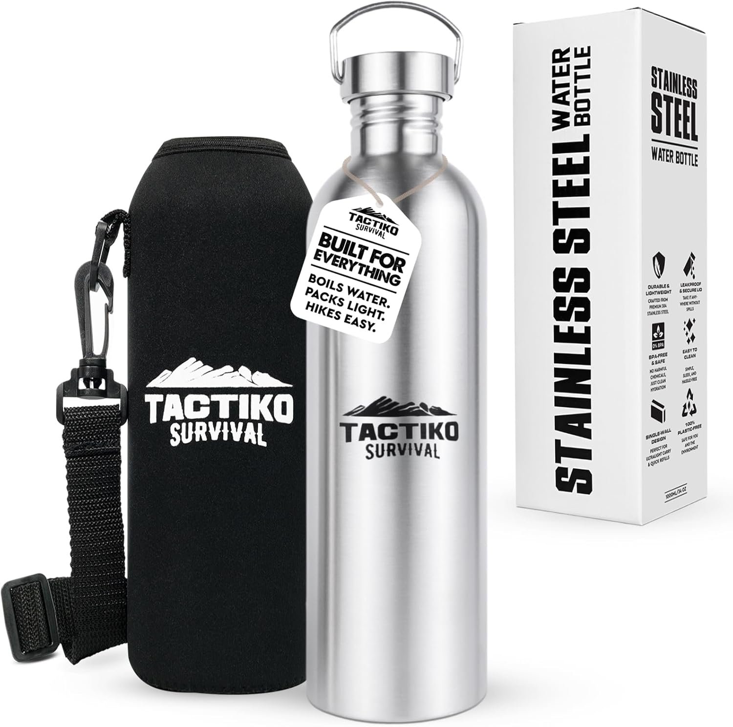 Tactiko Survival 51 oz/1500 ml Stainless Steel Wide Mouth Water Bottle, Single Wall Boil-Safe, Leakproof, BPA-Free with Carry Sleeve and Strap for Camping, Hiking, Outdoor Prep (Black)