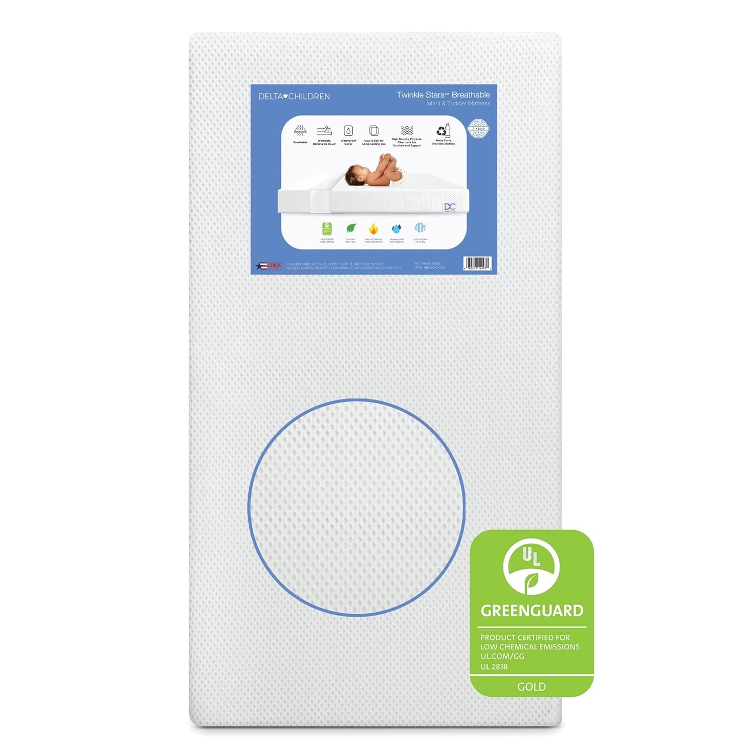 Delta Children Twinkle Stars Crib and Toddler Mattress with Breathable, Removable Machine-Washable Cover – GREENGUARD Gold – Waterproof Baby Bed – Sustainably Sourced Fiber Core – 52”Lx27.5”W, White