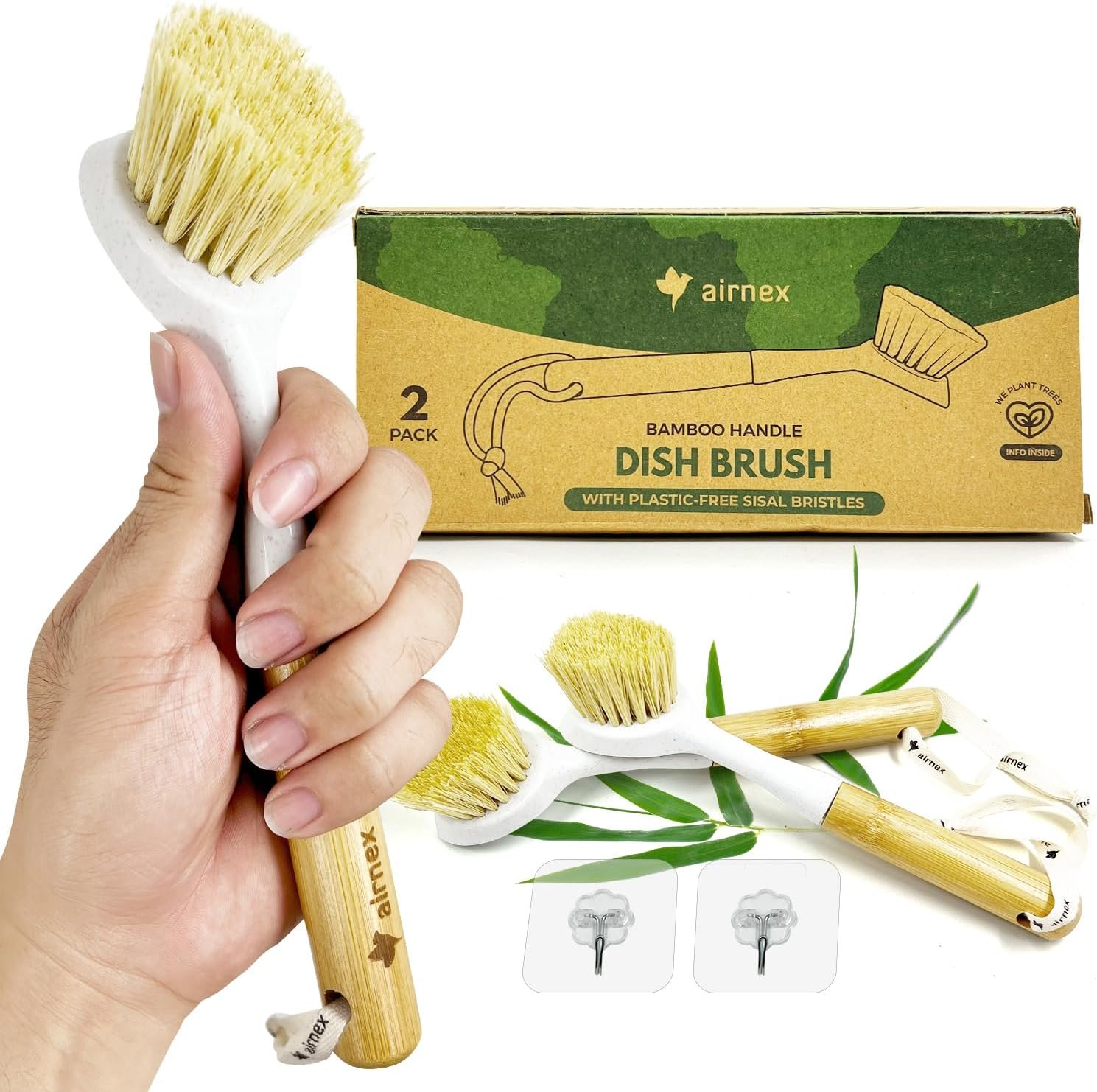 Bamboo Dish Brush Set of 2 – Dishwasher Brush w/Handle Made of Wheat Straw & Sisal Bristles – Non Scratch Kitchen Scrub Brush for Dishes, Pots & Pans – Dish Scrubber w/Plastic Free Bristles
