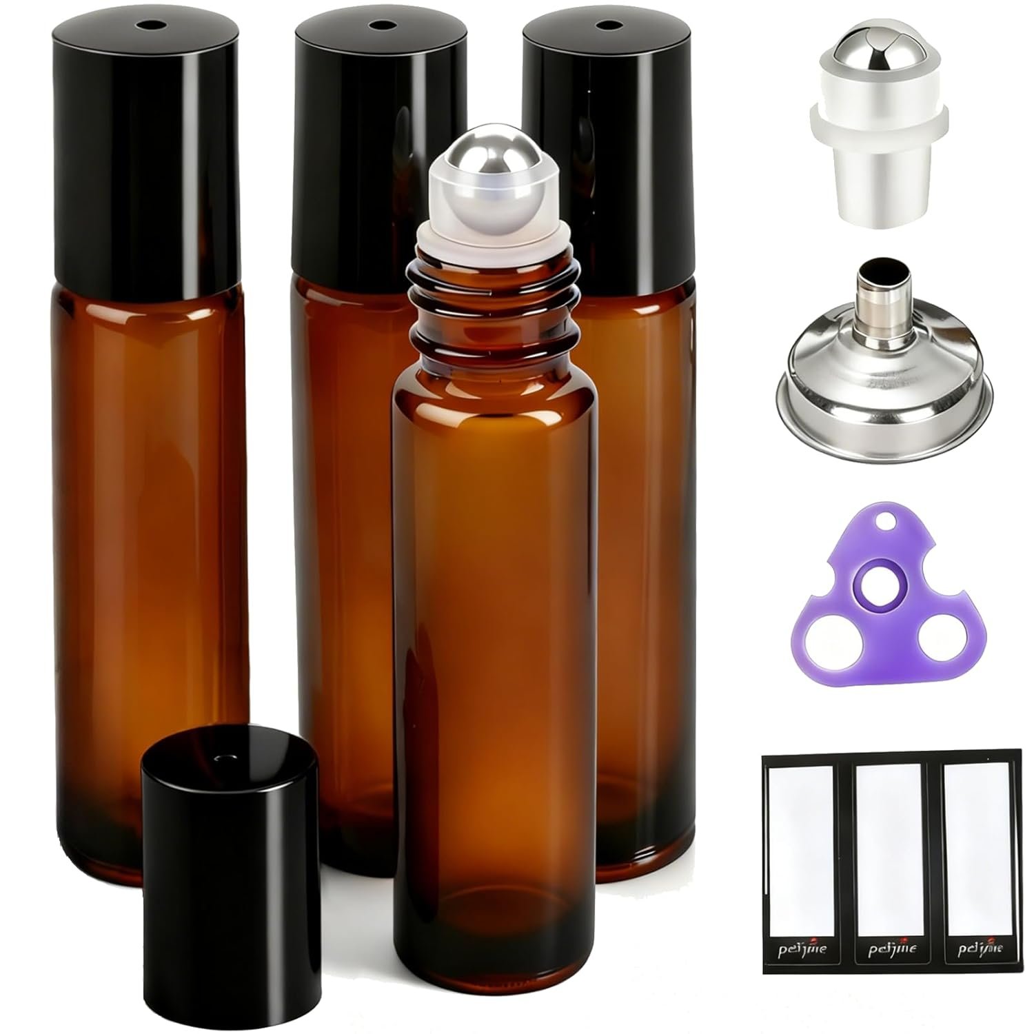 PrettyCare 4 Pack 10 ml Amber Glass Roller Bottles for Essential Oil with Stainless Steel Roller Ball – Refillable Leak-proof Empty Roll on Bottles with Black Caps for Travel, Perfume,Lab