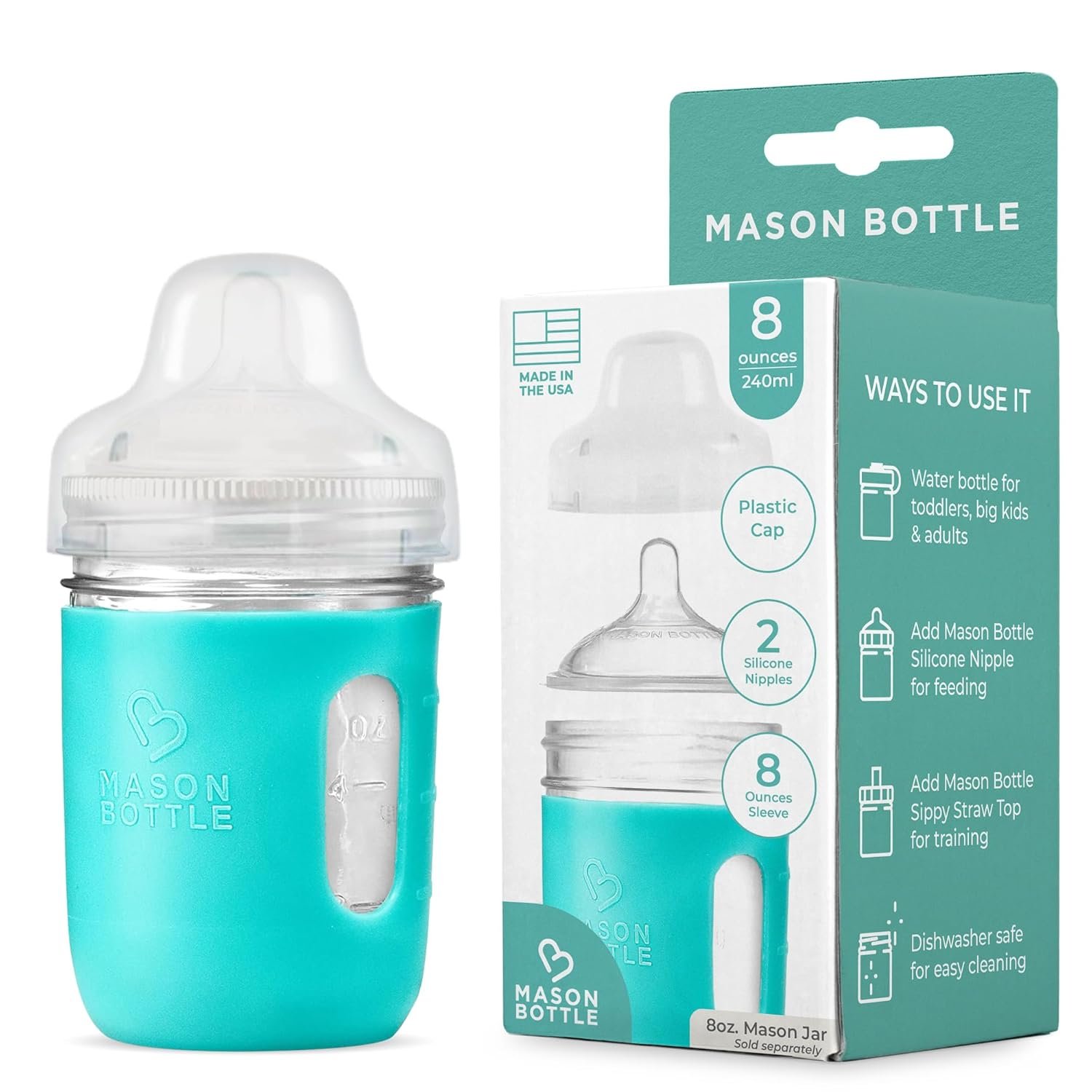 Mason Bottle Glass Baby Bottle DIY Kit – Fits 8oz Mason Jars – Includes 2X Slow Flow Nipples, Silicone Sleeve, and Cap (Ring, Lid, and Jar Not Included) – Made in USA