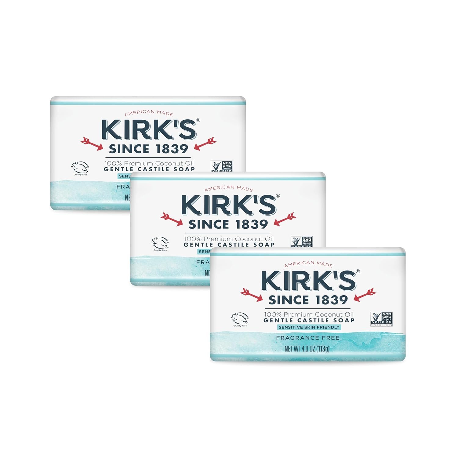 Castile Bar Soap by Kirk’s | Clean Soap for Men, Women & Children | Premium Coconut Oil | Sensitive Skin Formula, Vegan | Fragrance-Free/Unscented | 4 oz. Bars – 3 Pack