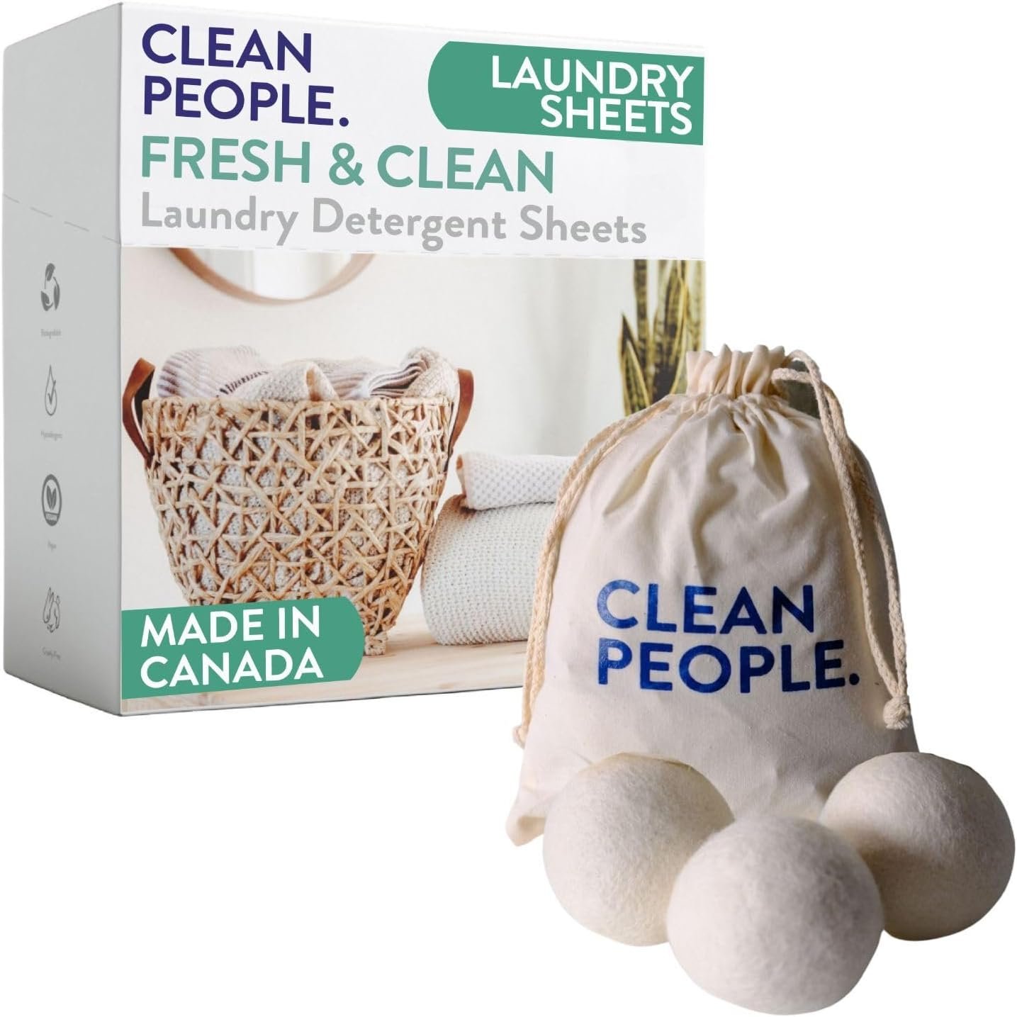 Clean People Ultra Concentrated Laundry Detergent Strips Fresh Scent & 100% New Zealand Wool Dryer Balls – 3 Pack – Plant-Based, Eco Friendly Laundry Detergent 32ct & Dryer Balls 3 Pack