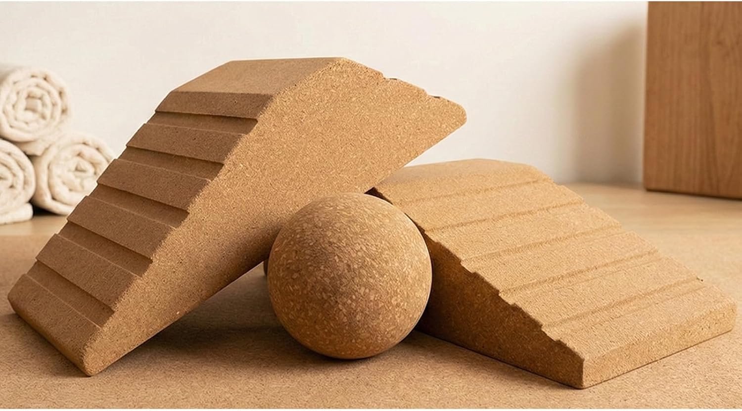 2-in-1 Cork Yoga Blocks, 2 Pack Natural Cork Blocks – Dual-Use Squat Wedge & Yoga Block with Massage Ball