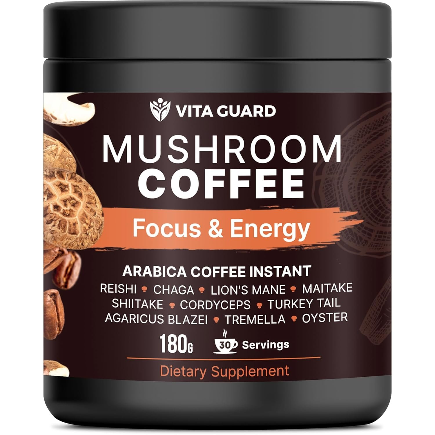 Vita Guard 10 Mushroom Coffee Instant Blend – Lion’s Mane, Cordyceps & Reishi – Premium Arabica with Coconut Powder – Focus, Energy & Immune Support | Cafe de Hongos – Rich & Smooth Adaptogenic Coffee