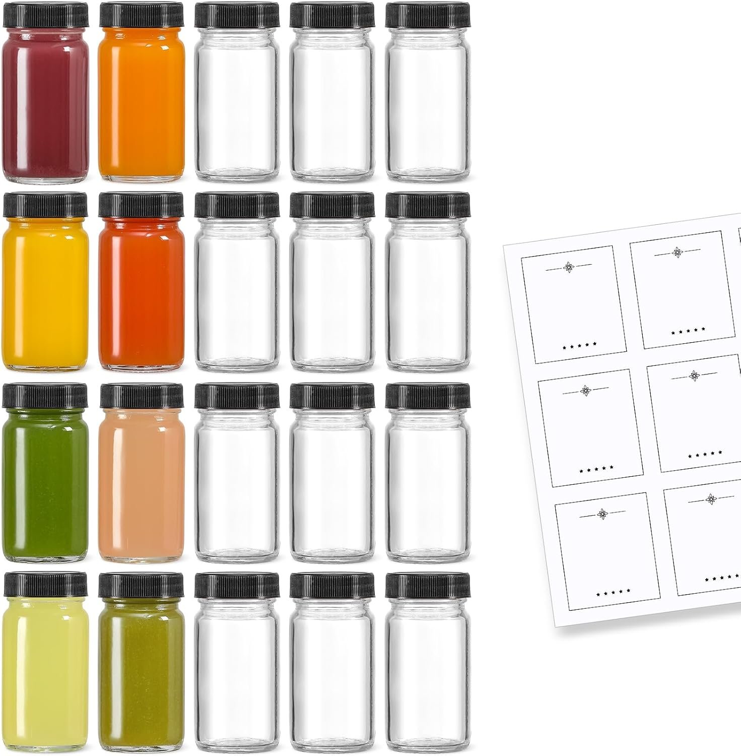 20 PACK 2 oz Glass Shot Bottles w/ Black Lids & 20 Labels – Small Clear Jar for Ginger, Wellness Shot, Juice, Sample, Whiskey – Travel Essentials Mini Bottles – Wide Mouth, Leakproof, Dishwasher Safe