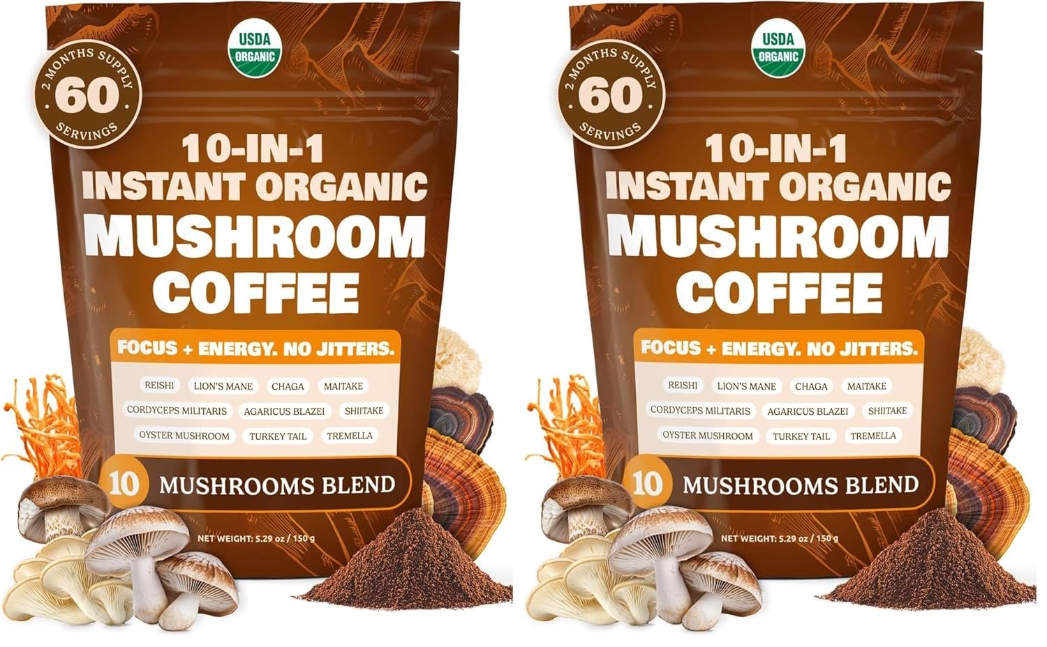 10-in-1 USDA Certified Organic Mushroom Coffee Instant, Instant Mushroom Coffee Brazilian Dark Roast for Better Energy, Focus, Gut Health, 60 Servings Regular Caffeine – ShroomDNA (Pack of 2)