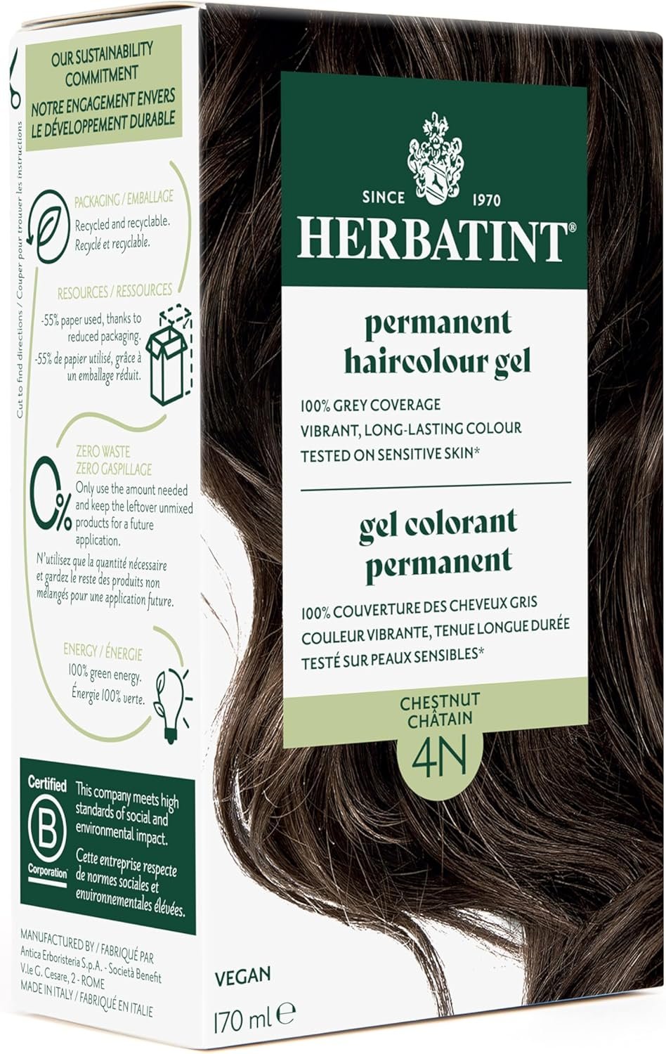 Herbatint Permanent Hair Dye For Women – 4N Chestnut – For Up To 100% Gray Coverage of Resistant Gray Hair – Ammonia-Free, Alcohol-Free & Vegan – Salon Influenced Hair color 170ml, 5.75 fl oz