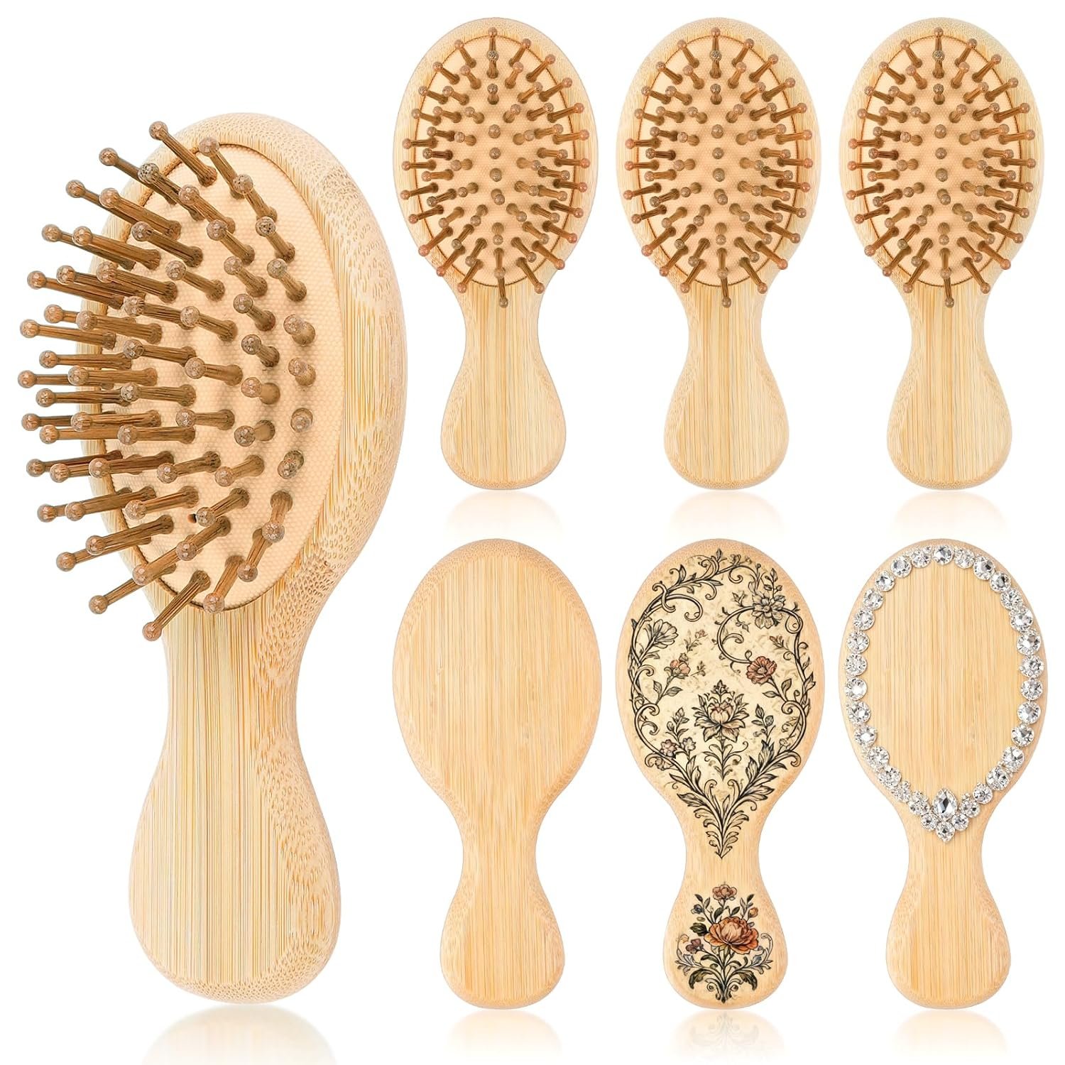 Supkiir 6 Pcs Mini Bamboo Hair Brush, Bulk Natural Round Bamboo Hairbrush, Massage Scalp Detangling Wooden Brush for Hair Growth Women Men, All Haar Texture and Anti Static