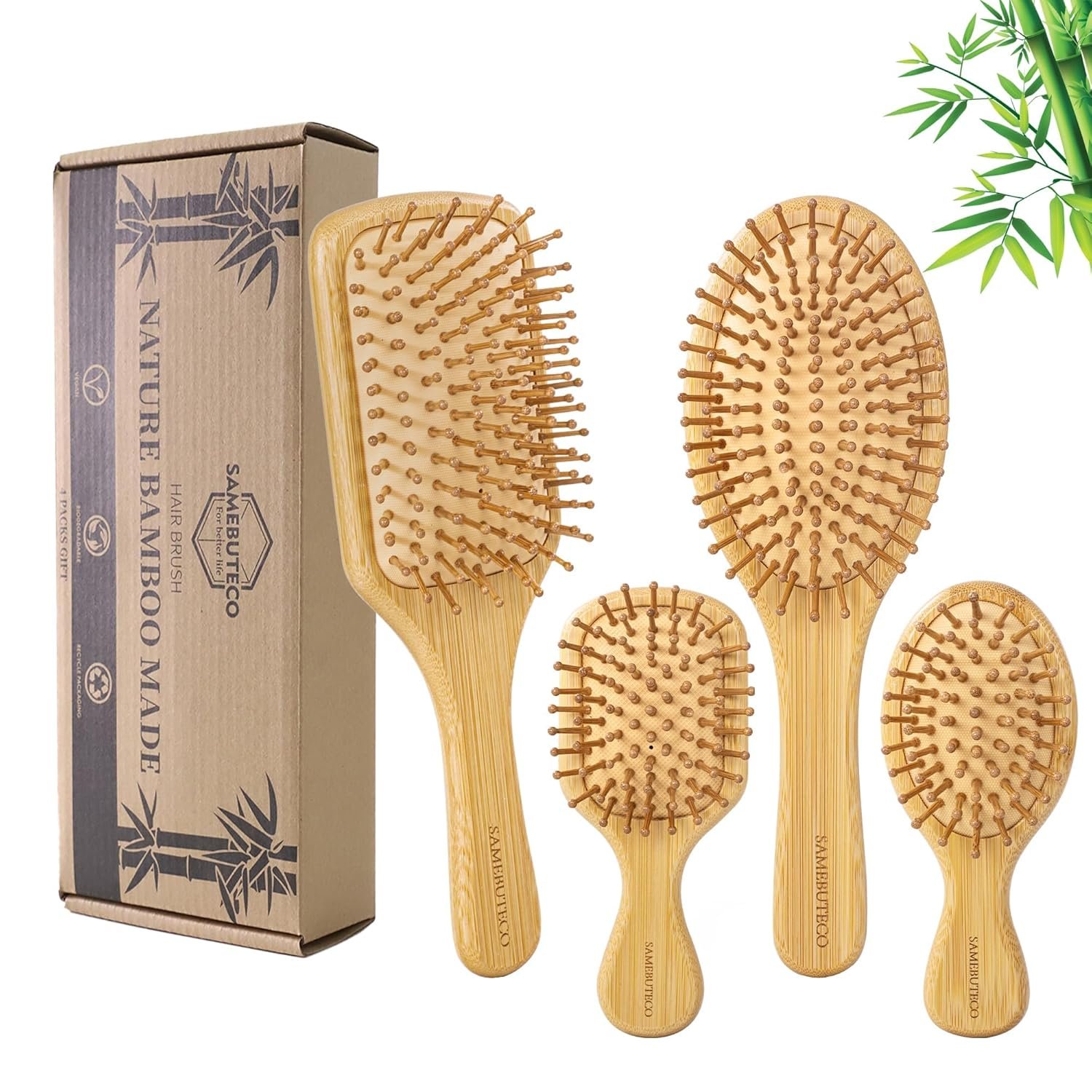 Bamboo Hair Brush Set 4 Styles Paddle Detangling Brushes for Thick, Thin, Curly, and Dry Hair Women and Girls Hair Message Brushes 2 Indoor Used 2 Outdoor Used Travel portable
