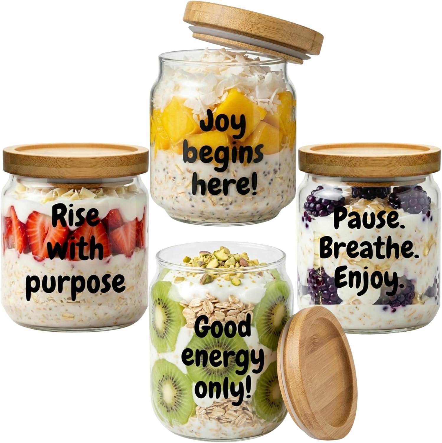 PANDAWOOD Overnight Oats Containers with Lids – 4 Pack Glass Overnight Oats Jars with Airtight Lids – Chia Seed Pudding Jars – Yogurt Containers with Lids – Oatmeal Jars Meal Prep Mason Jars 14.8 OZ