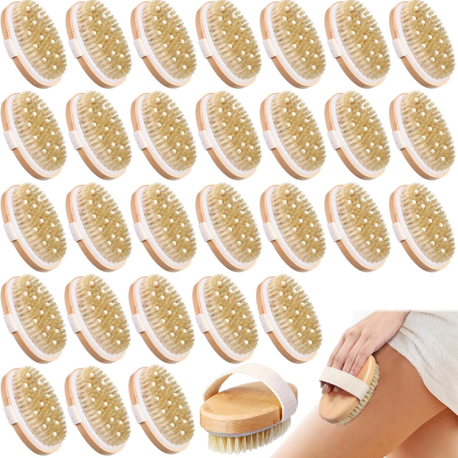 Gejoy 10 Pcs Dry Brushing Body Brush for Lymphatic Drainage Exfoliating Brush with Massage Nodule Dry Skin Body Scrubber Cellulite Shower Circulation Dead Exfoliator (4.92 x 2.56 Inches,Wood Color)