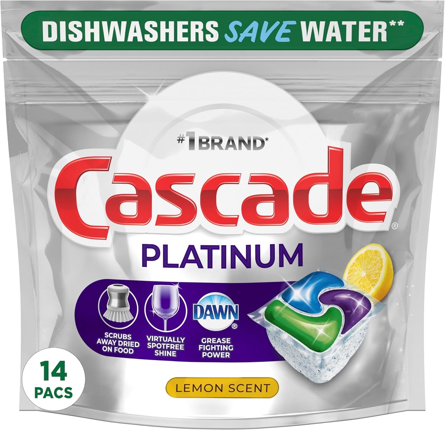 Cascade Platinum Plus ActionPacs Dishwasher Detergent Pods, Fresh, 14 Count