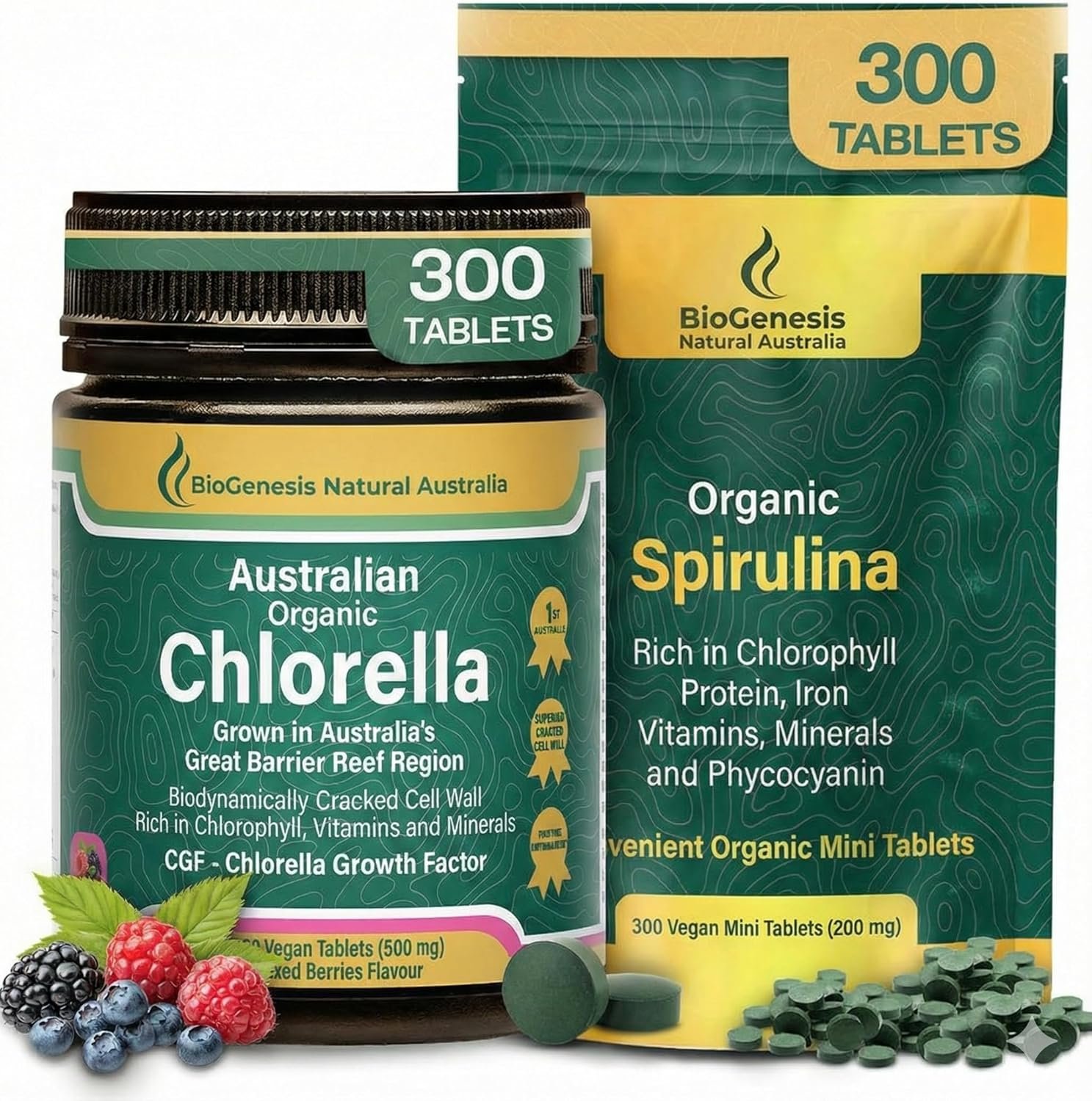 Biogenesis Australian Superfood Duo – Organic Spirulina (200mg) & Berry Chlorella (500mg) – 300 Tablets Each (600 Total) – Complete Green Algae Complex for Daily Energy, Immune Support & Natural Detox