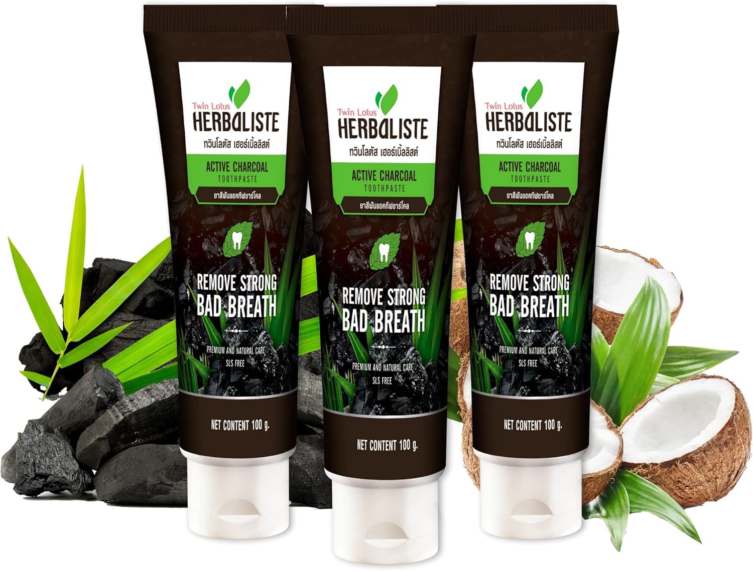 Twin Lotus Activated Charcoal Toothpaste – Teeth Whitening Herbal, Fluoride Free & No SLS for Sensitive Teeth, Coconut Charcoal Toothpaste Remove Plaque Freshen Breath