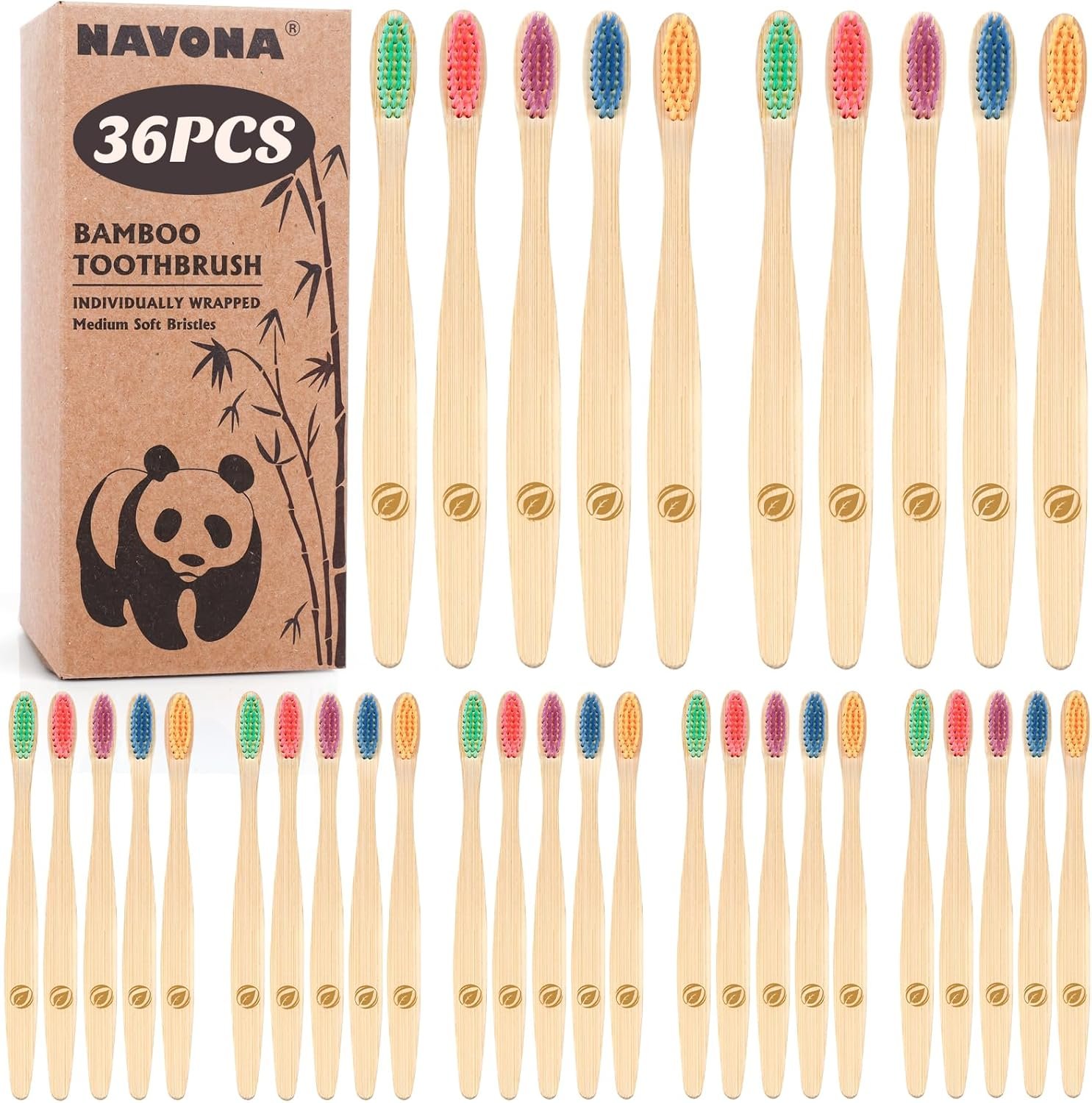 Navona 36 PCS Bamboo Toothbrushes, Kids Aged 7+ Toothbrush Pack, Eco-Friendly Natural Wooden Toothbrush Bulk, Individually Wrapped Bulk Toothbrushes，BPA Free Medium Soft Bristles