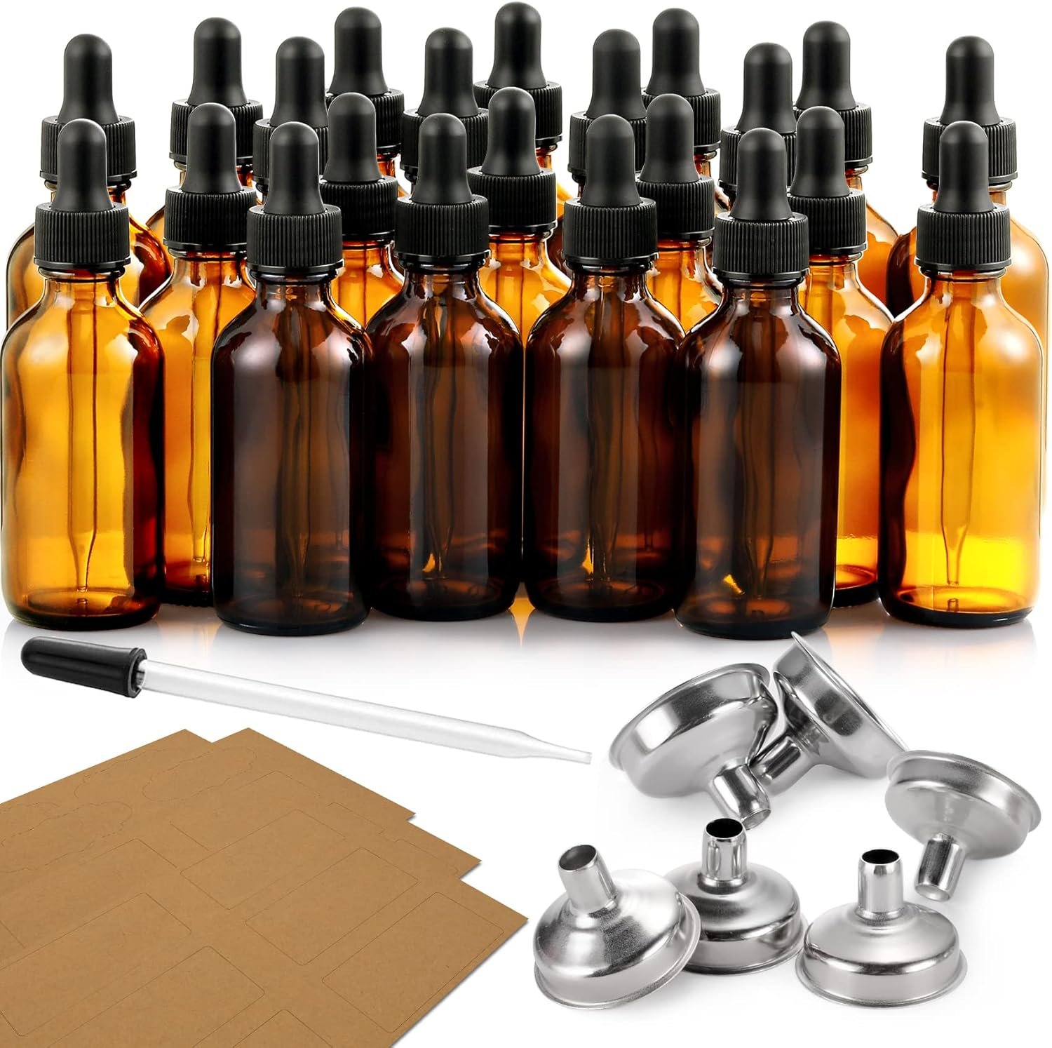 AOZITA 24 PCS, 1 oz Dropper Bottles for Essential Oils with 6 Funnels & 1 Long Glass Dropper – 30ml Amber Glass Bottle with Eye Droppers – Tincture Bottles, Leak Proof Travel Bottle for Liquids