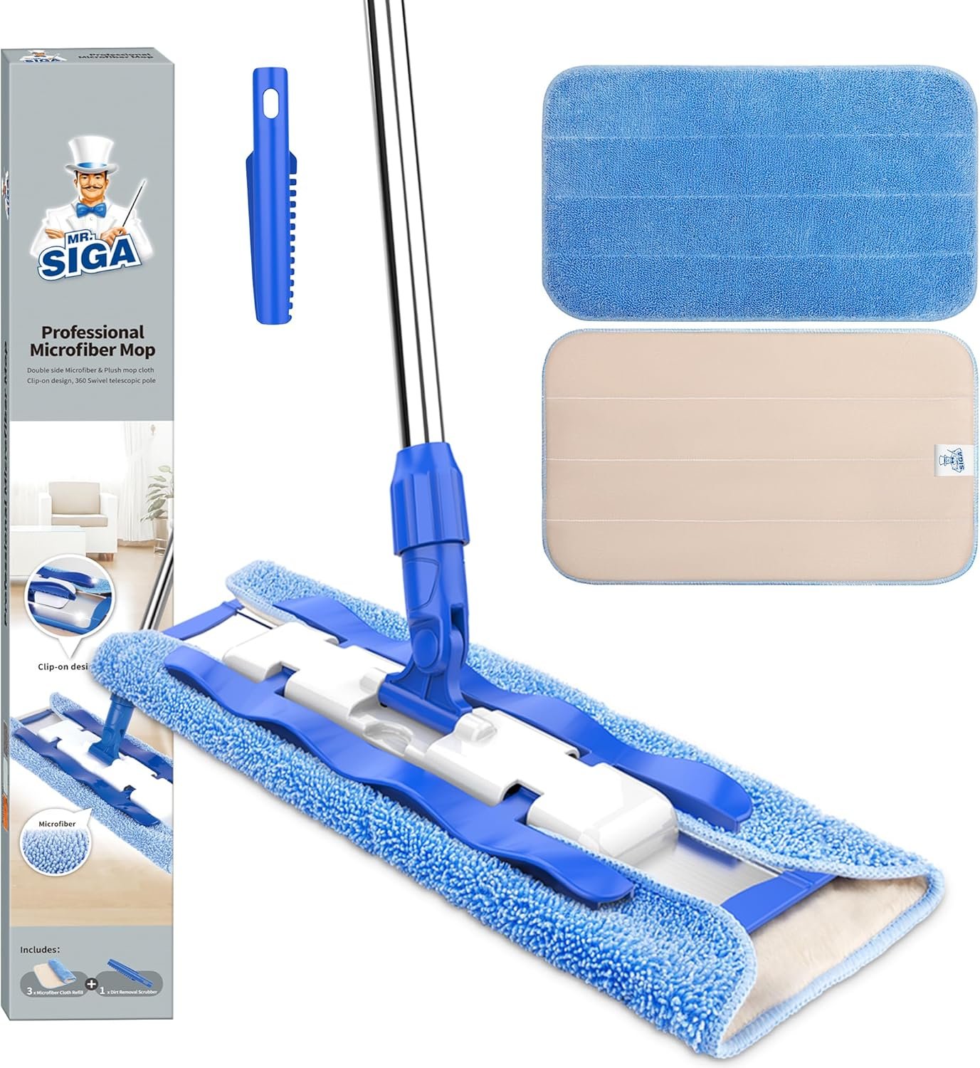 MR.SIGA Professional Microfiber Mop for Hardwood, Laminate, Tile Floor Cleaning, Stainless Steel Telescopic Handle – 3 Reusable Flat Mop Refills and 1 Dirt Removal Scrubber Included