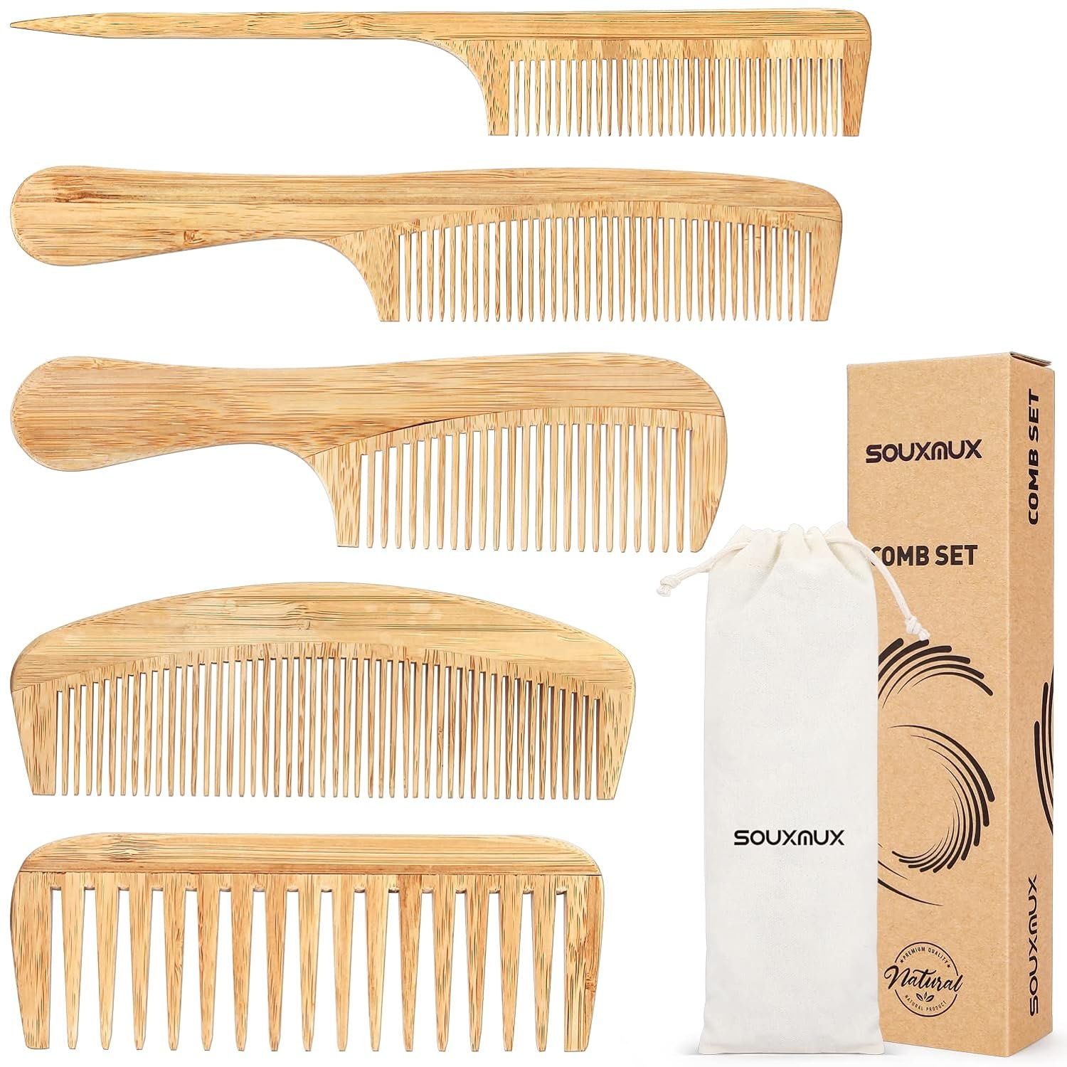 5 Pcs Natural Handmade Bamboo Anti-Static Combs Set – Wide Tooth, Rat Tail and Fine Tooth for Long, Short, Thick, Thin, Wavy or Curly Hair Detangling (Natural)