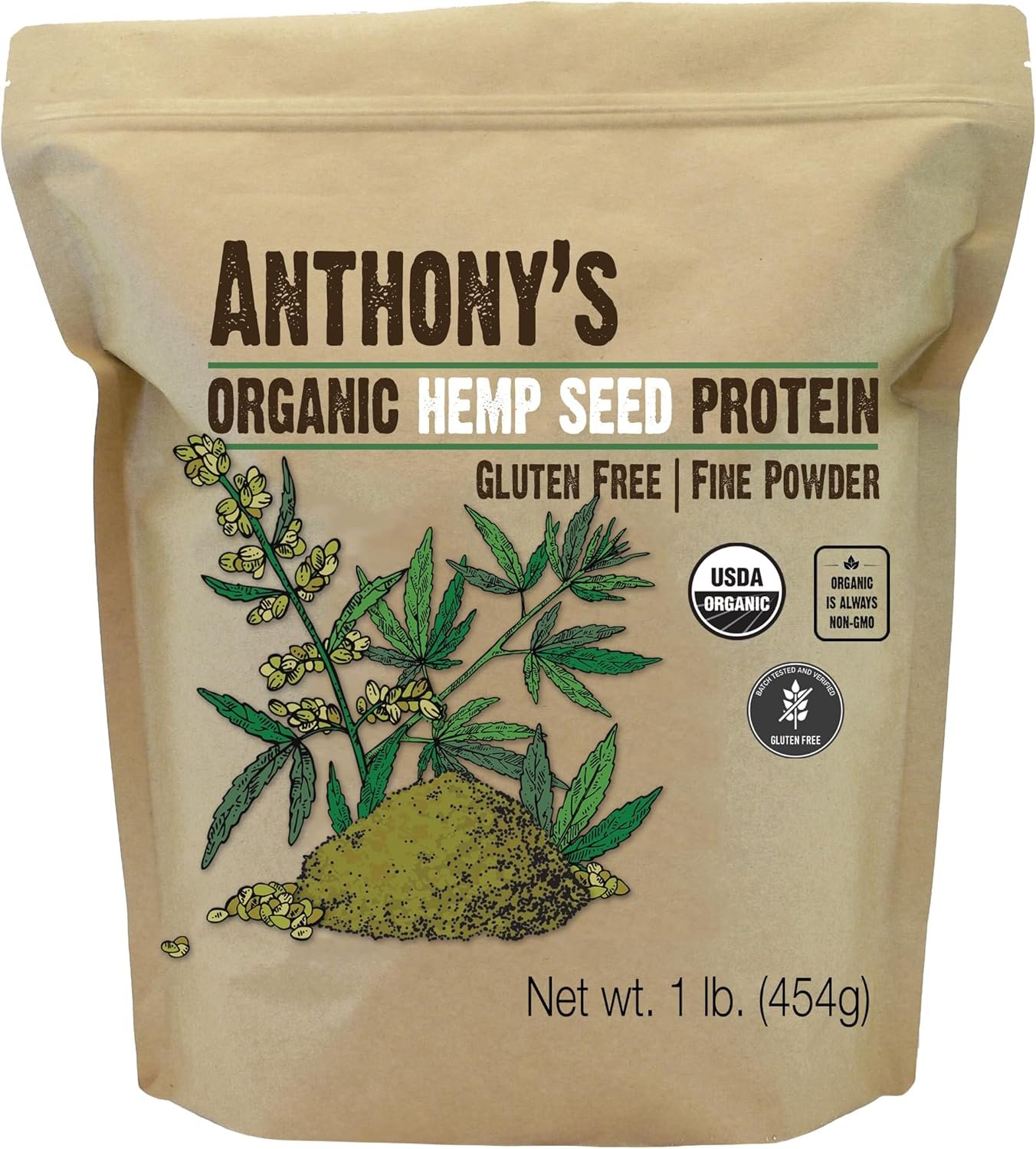 Anthony’s Organic Hemp Seed Protein Powder, 1 lb, Cold Pressed, Gluten Free, Non GMO, Fine Powder