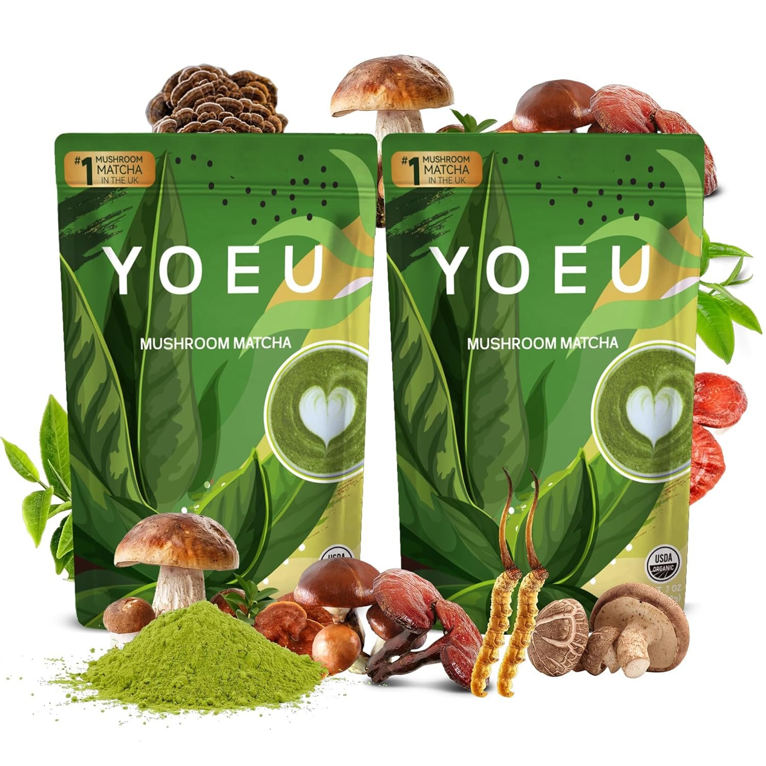 180g/2pack，Organic Matcha Mushroom Powder, Japanese Matcha & 12 Natural Ingredients, Instant Coffee, Coffee Alternative，Helps with Focus, Digestion And Immune Support