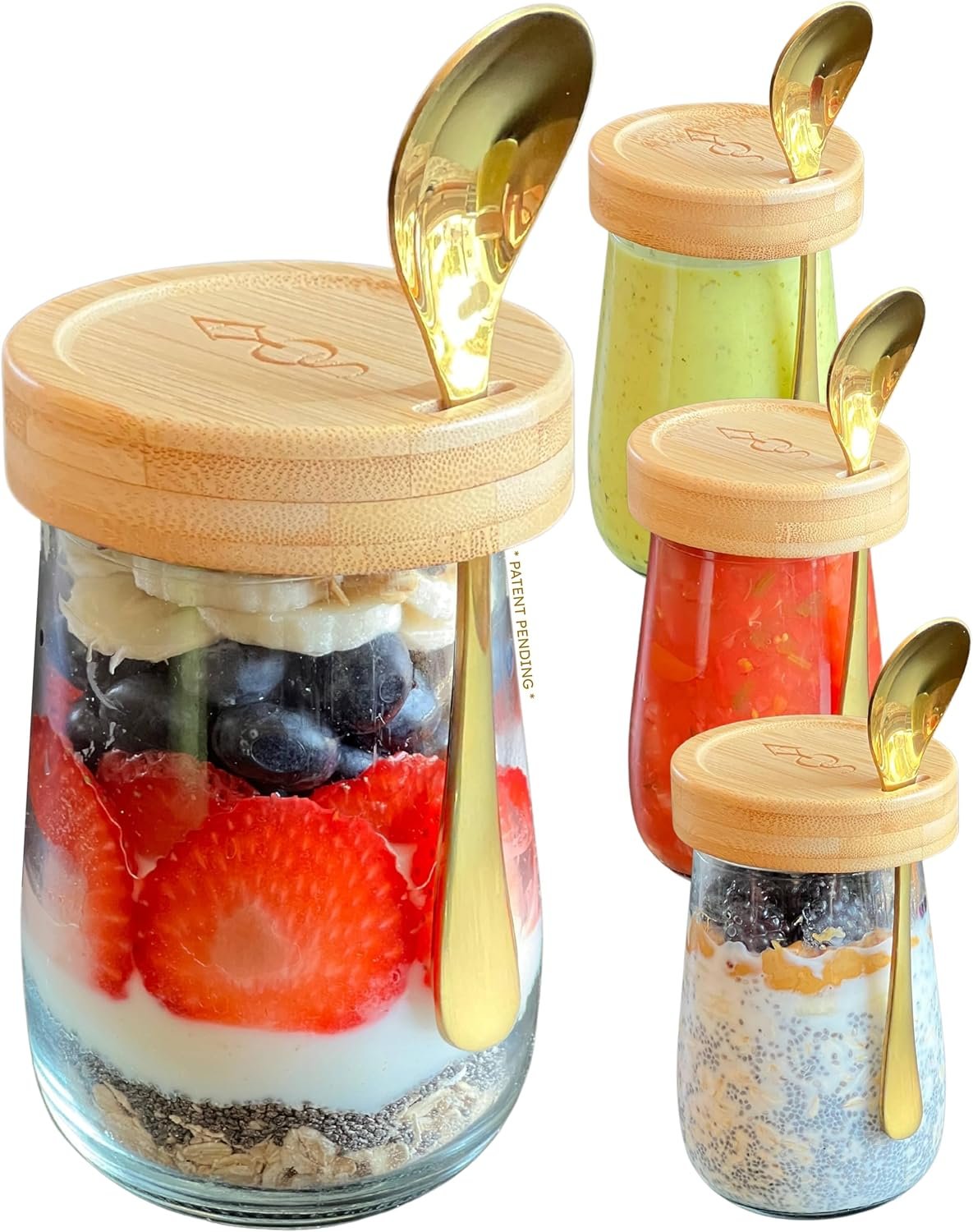 Premium Overnight Oats Containers with Bamboo Lids and Golden Spoons – 16 oz Glass Jars – 4 pack – Plastic Free