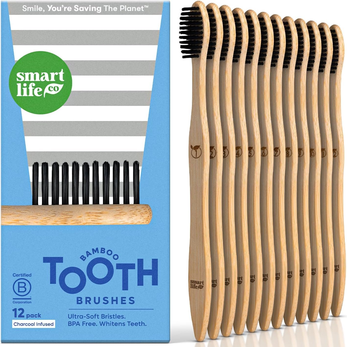 SmartLifeco Charcoal Bamboo Toothbrushes – Extra Soft Natural Bristles for Adults & Kids Teeth | Zero Waste Bulk Wooden Tooth Brush Travel Kit | BPA Free, Eco-Friendly, Vegan – (12 Pack)