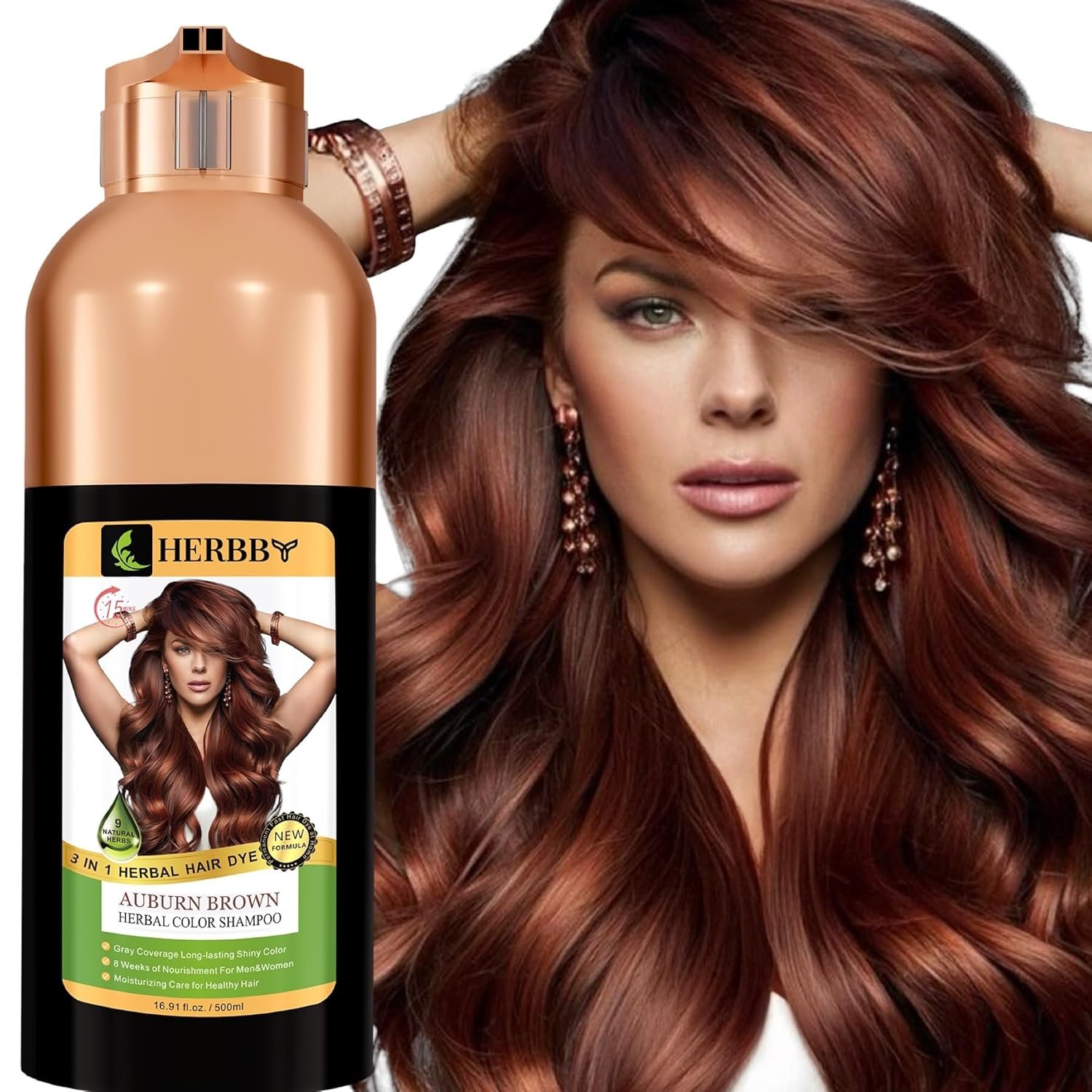 HERBBY Hair Color Shampoo for Gray Hair Coverage&Color Transform with 9 Herbal Extracts –Long Lasting(6-8 Weeks),Shiny,Evenly Colored,Instant Hair Dye Shampoo&Conditioner,500 Ml (AUBURN BROWN COLOR)