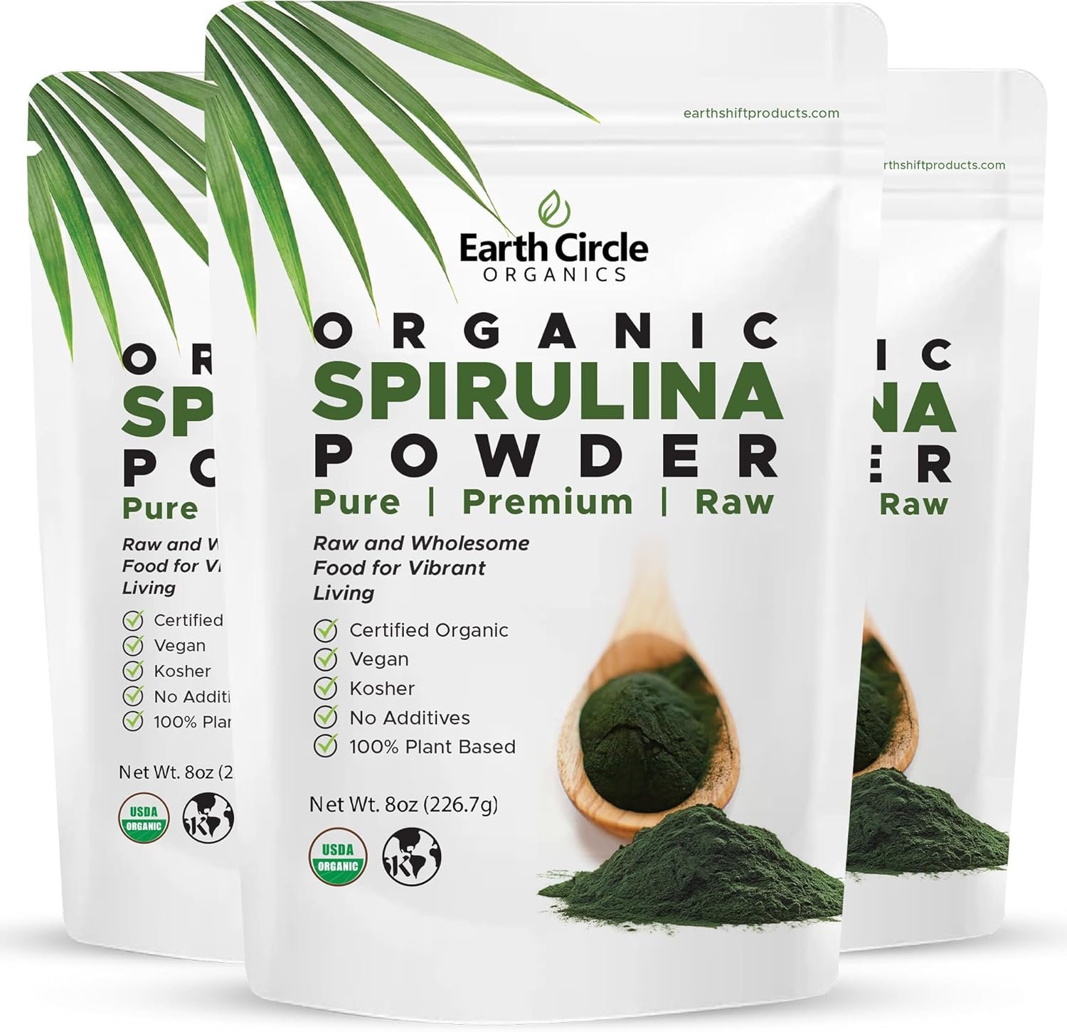 Earth Circle Organics Spirulina Powder, Kosher, Raw and Non-Irradiated | Pure Vegan Protein | Premium Energy Superfood, High Amino Acids and Antioxidants – (8oz – 3 Pack)