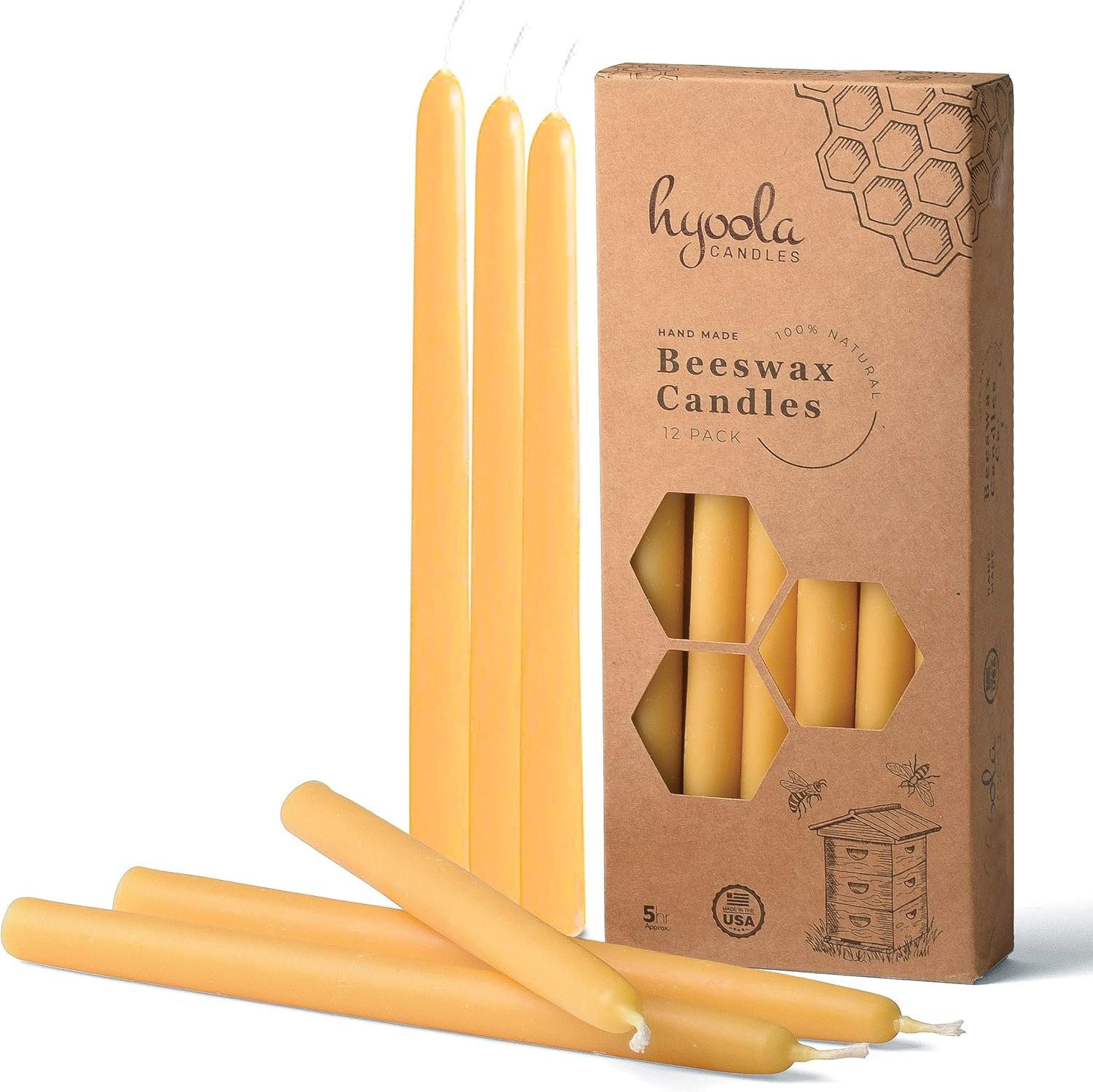 Hyoola 9 Inch Beeswax Taper Candles 12 Pack – Handmade, All Natural, 100% Pure Unscented Bee Wax Candle – Tall, Decorative, Golden Yellow – 5 Hour Burn Time