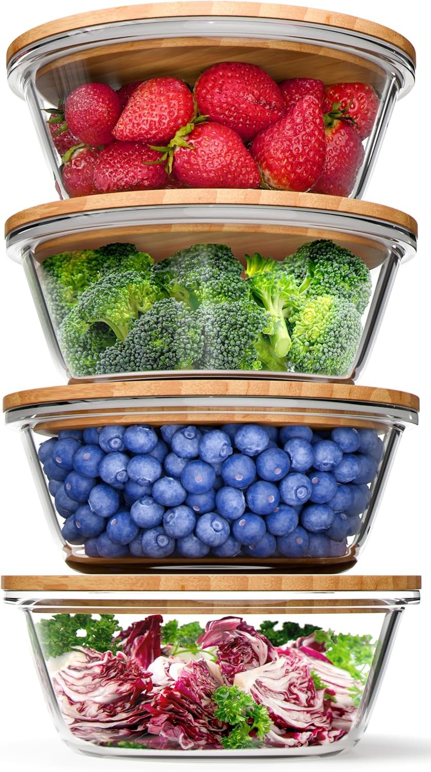 Verel Round Glass Food Storage Containers with Bamboo Lids (Set of 4) – 32 Ounce, Eco Friendly Meal Prep with Wooden Lids