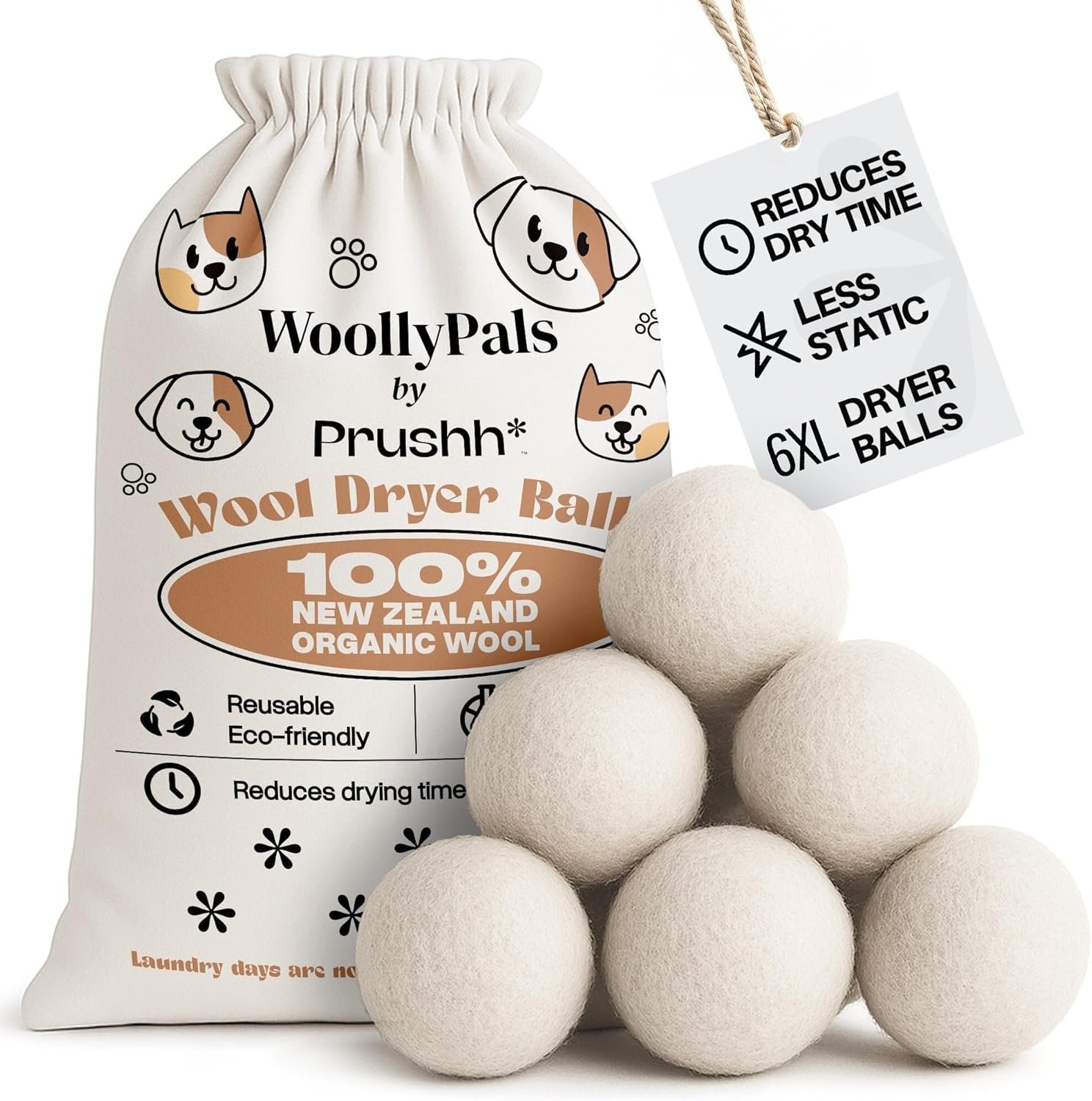 WoollyPals Dryer Balls (6-Pack, XL Size) – 100% New Zealand Wool – No More Dryer Sheets – Eco Dryer Balls – Reusable – Softens Laundry – Reduces Drying Time & Static – with Storage Bag (Plain White)