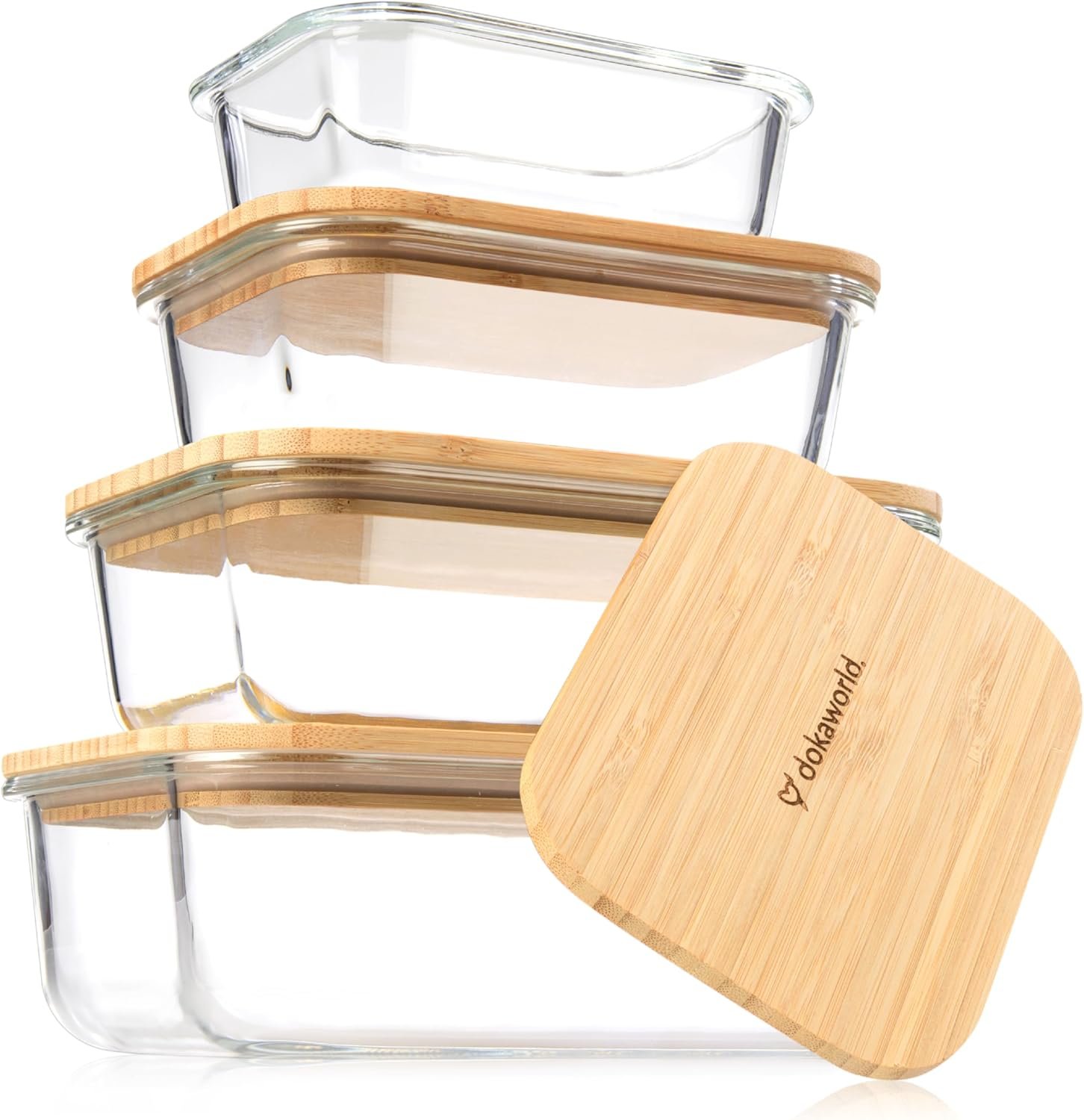 Set of 4 Stackable Space-Saving Nesting Glass Containers with Airtight Bamboo Lids – Lunch, Meal & Food Prep – Microwave & Oven Safe BPA Free Durable Heat Resistant Inert Borosilicate Glass